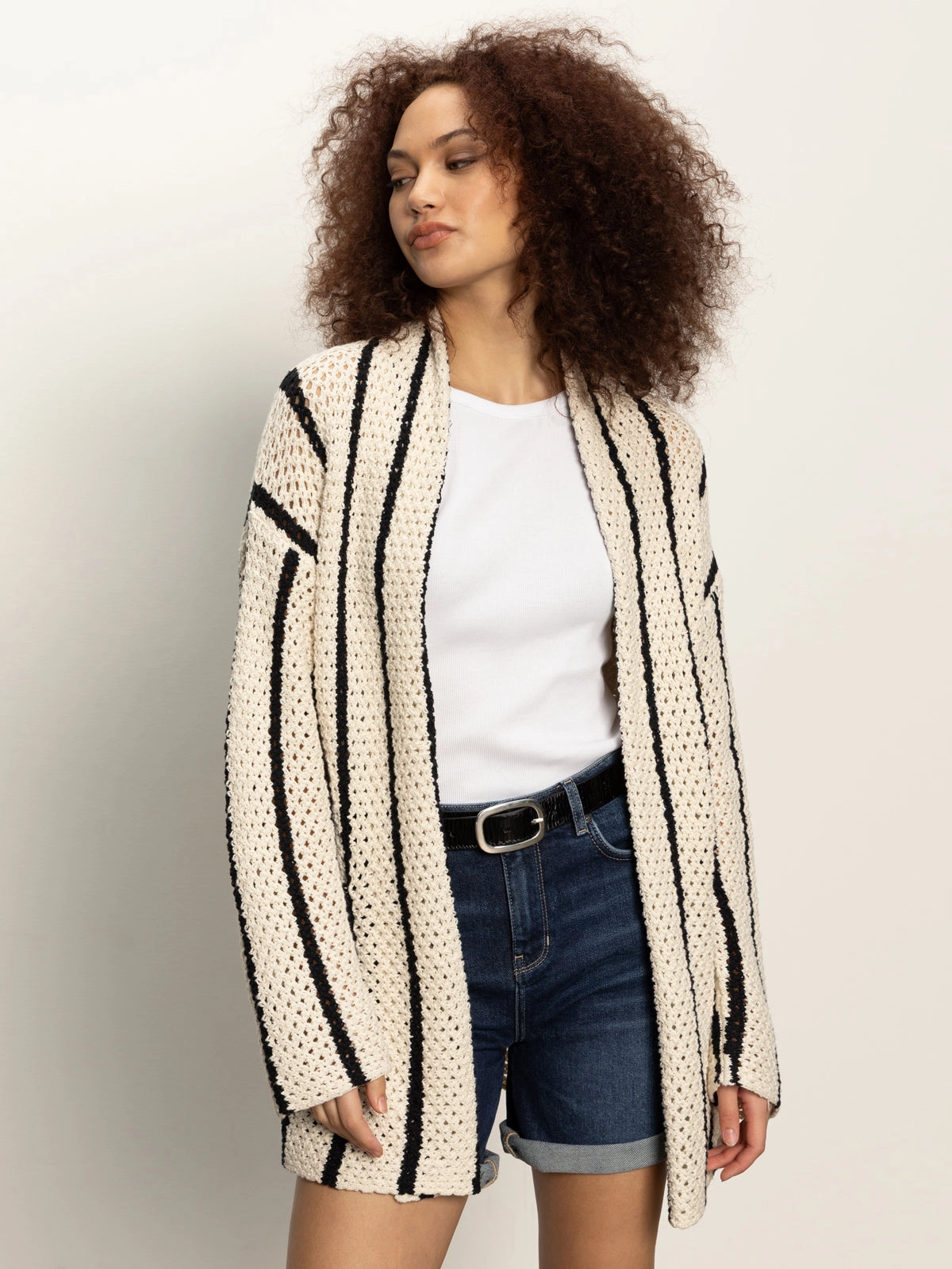 Openwork Beach Cardi Chalk Black Stripe Soft Brushed Finish