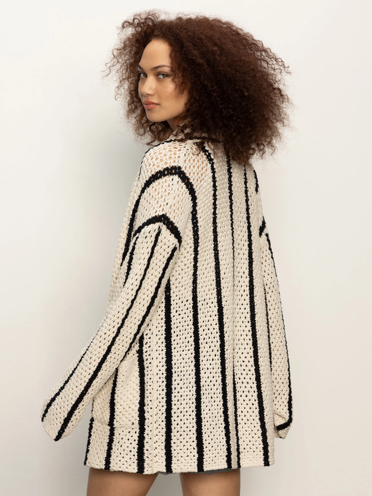 Layered Hemline Openwork Beach Cardi Chalk Black Stripe