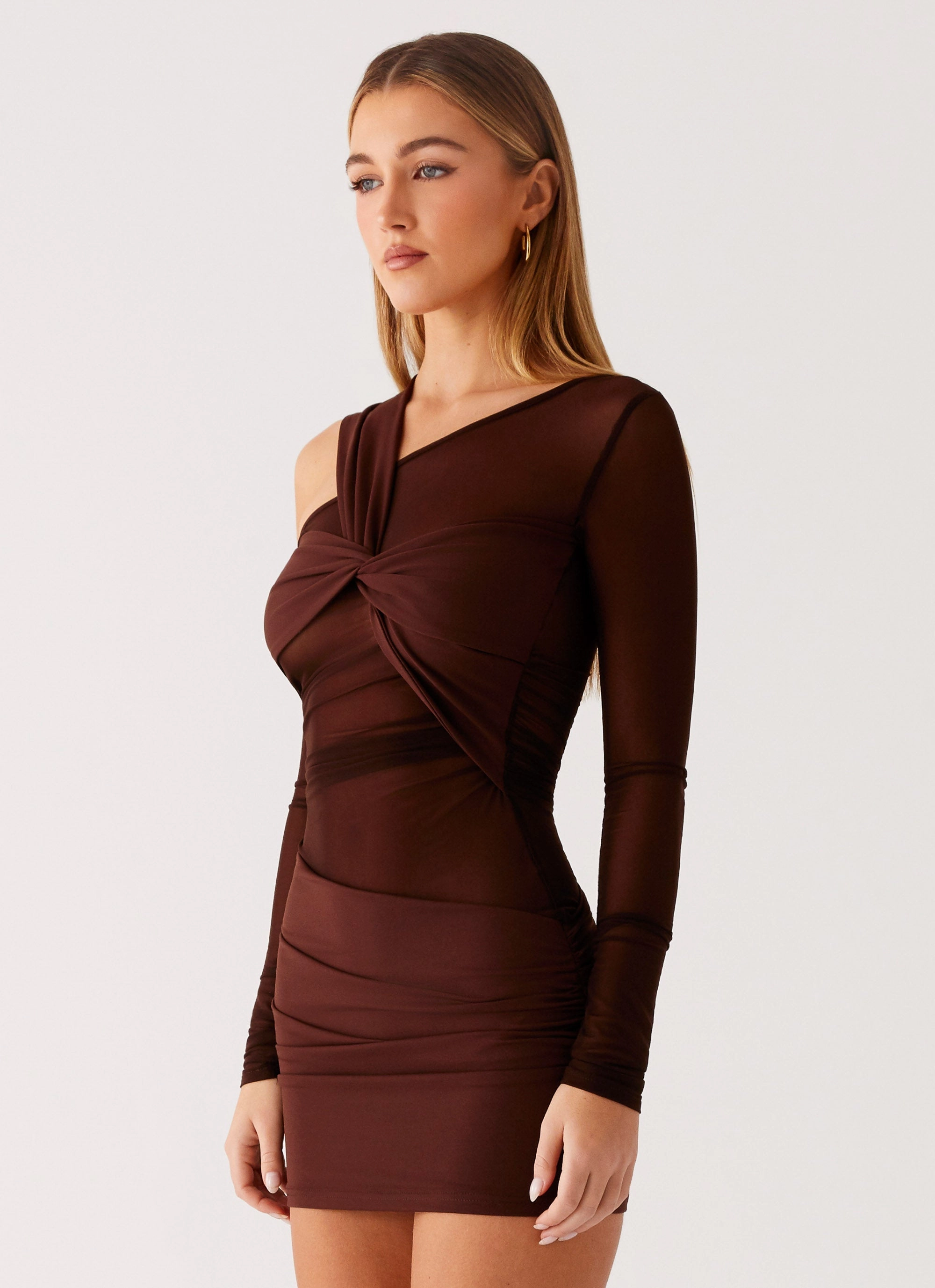 birthday party Ophelie Asymmetric Long Sleeve Mini Dress - Chocolate