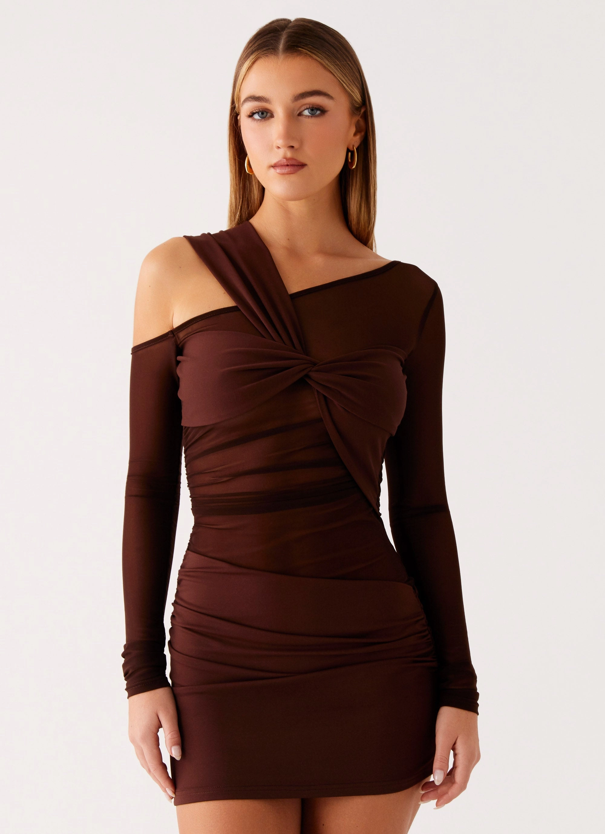 Open Back Grace Color Ophelie Asymmetric Long Sleeve Mini Dress - Chocolate