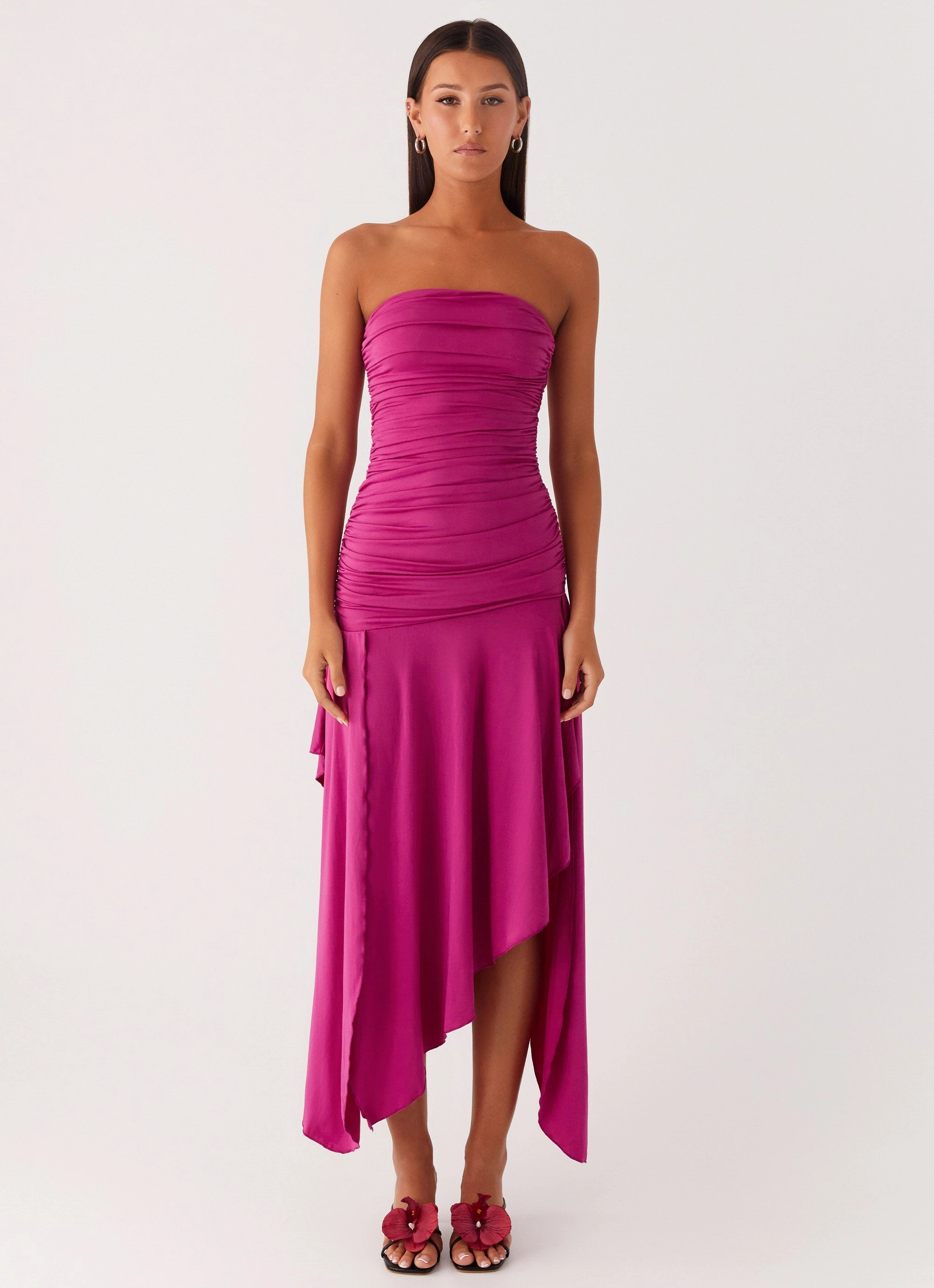 Ora Strapless Maxi Dress - Fuchsia Style focused One-Shoulder