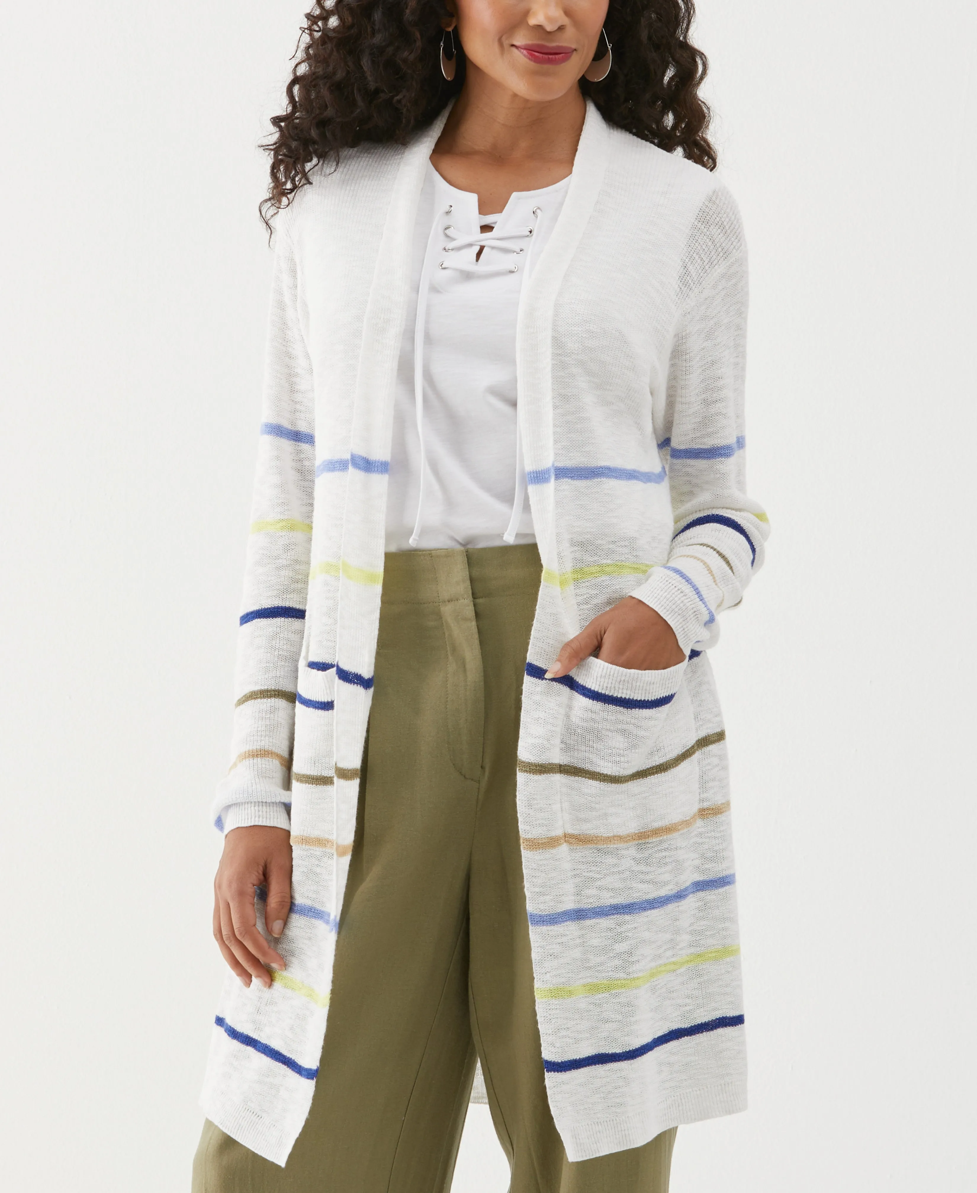 Organic Cotton-Linen Blend Striped Duster Cardigan Sweater High Stretch Fabric