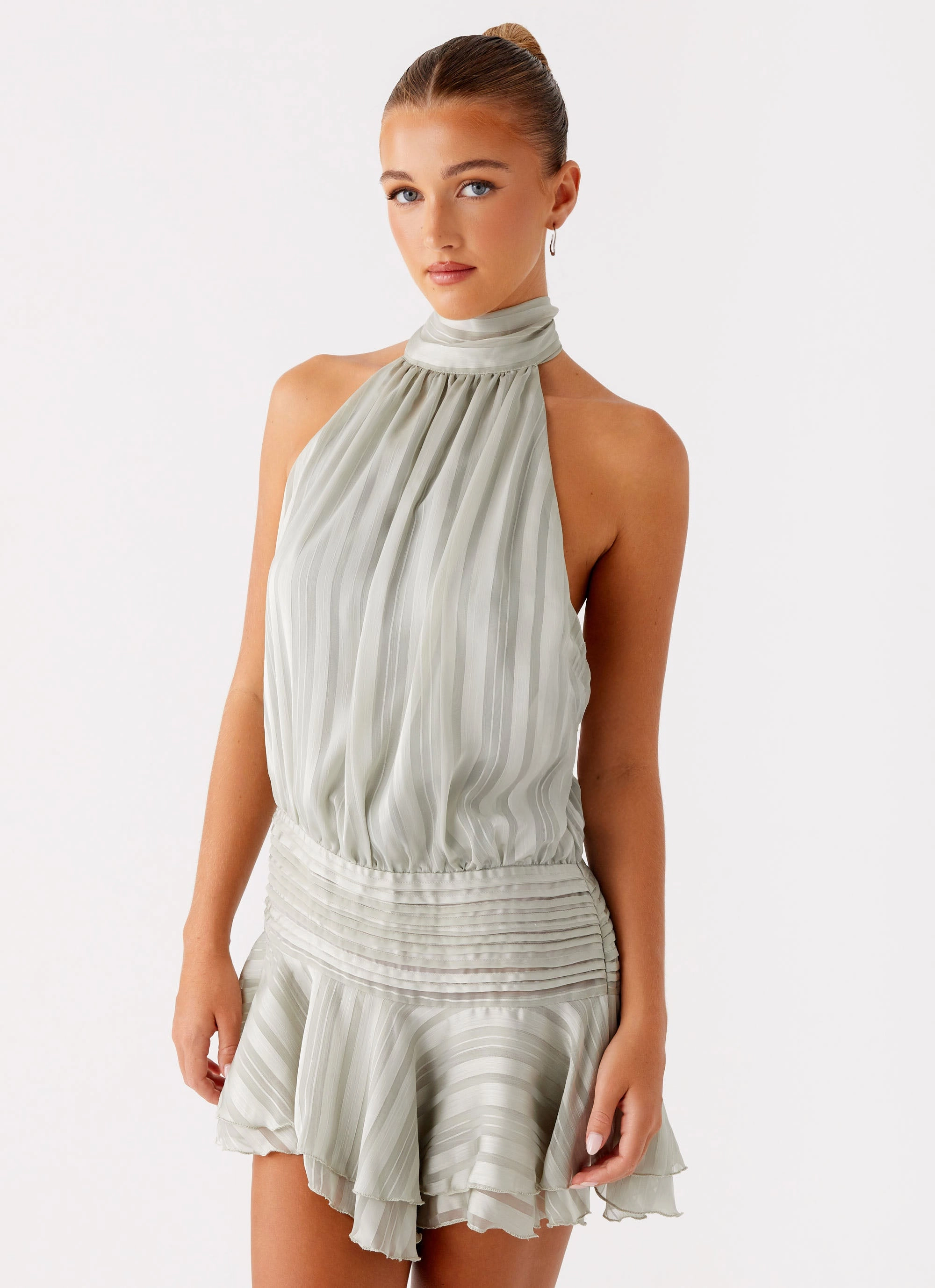 Willow Chiffon Mini Dress - Green Faux Leather Casual Outfit