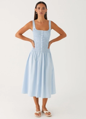 Nordic Plain Wildflower Midi Dress - Blue