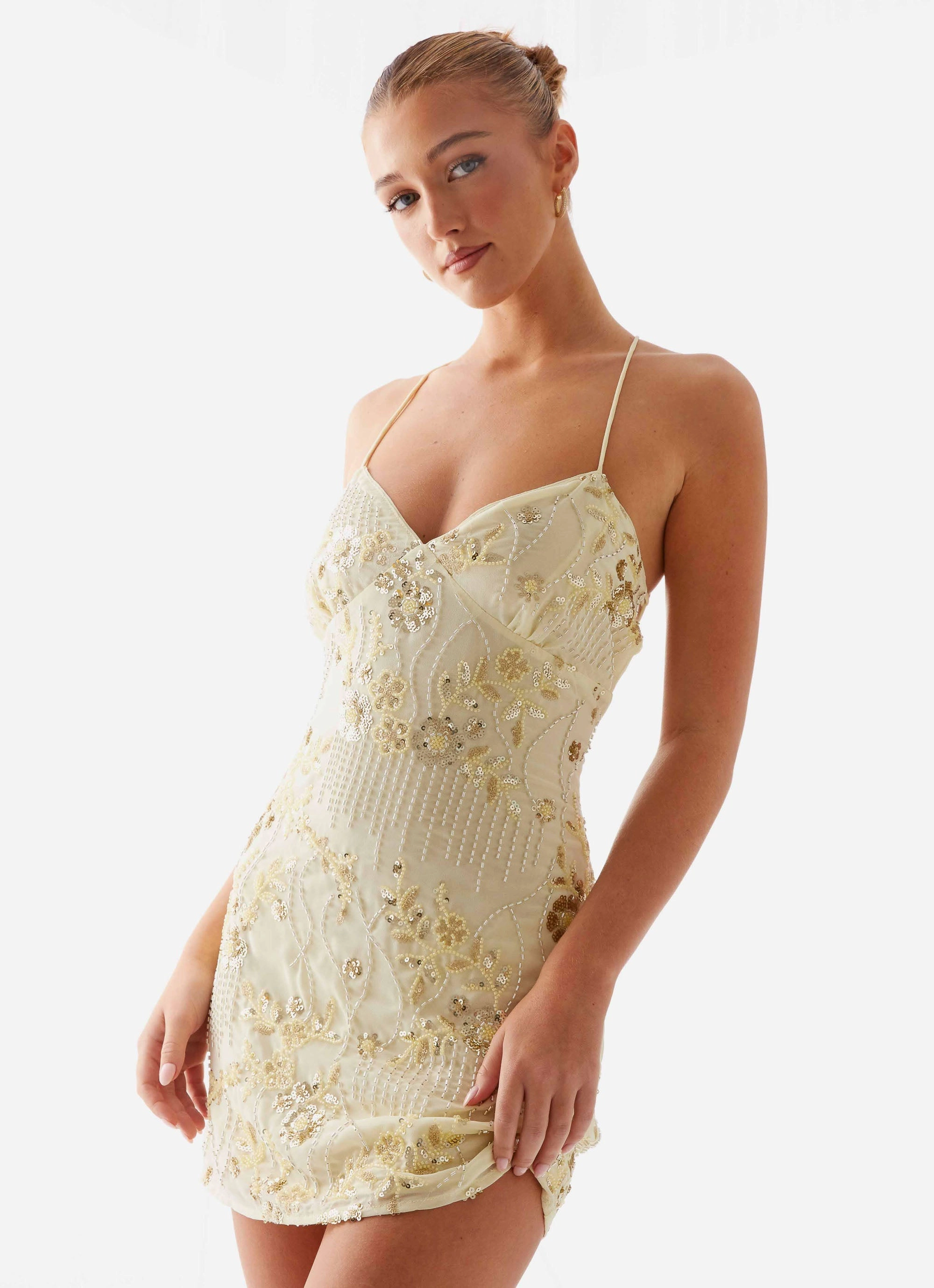 Active Wear Street Attire Vietta Sequin Cami Mini Dress - Yellow