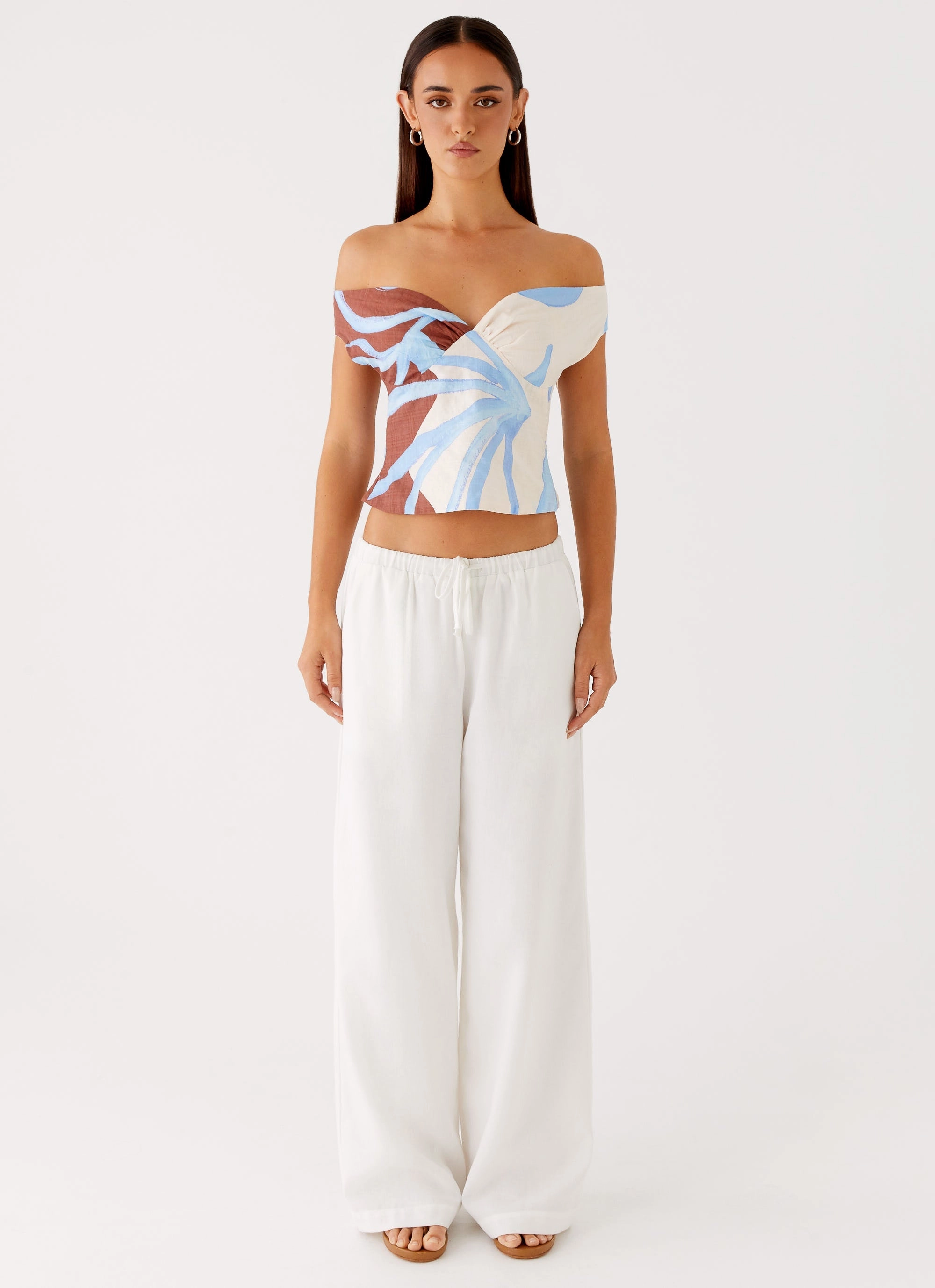 DoubleStitched Hemming Ozella Off Shoulder Top - Bloom Wave Print