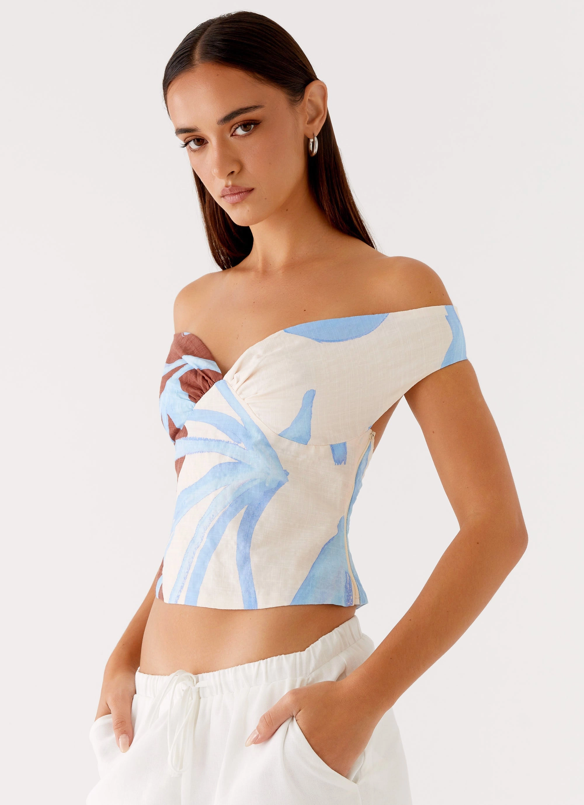 LayeredNeckline Ozella Off Shoulder Top - Bloom Wave Print