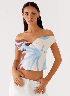 Ozella Off Shoulder Top - Bloom Wave Print Adjustable Hem