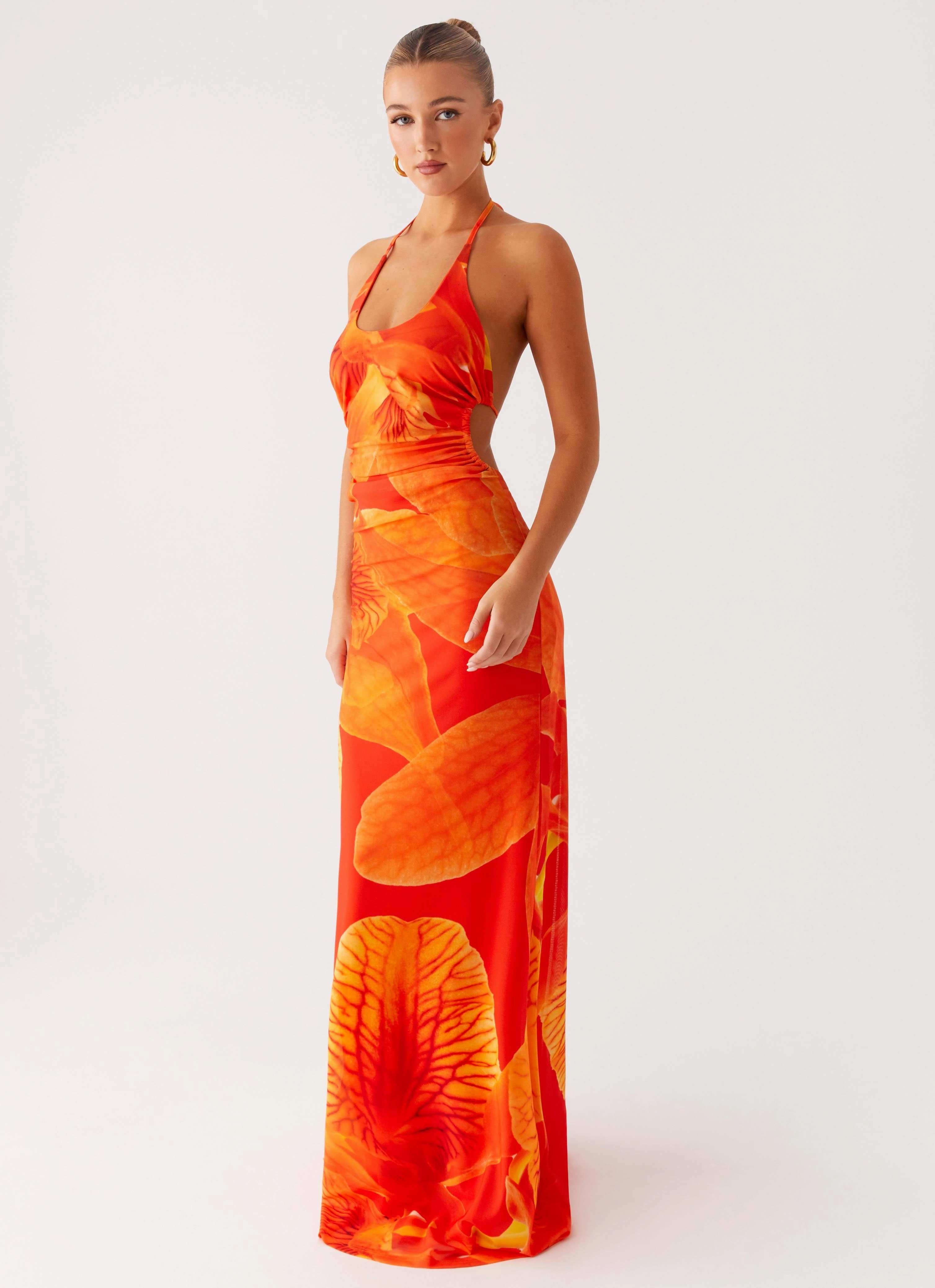 Palawan Mesh Maxi Dress - Orange Floral Elegant Fabric