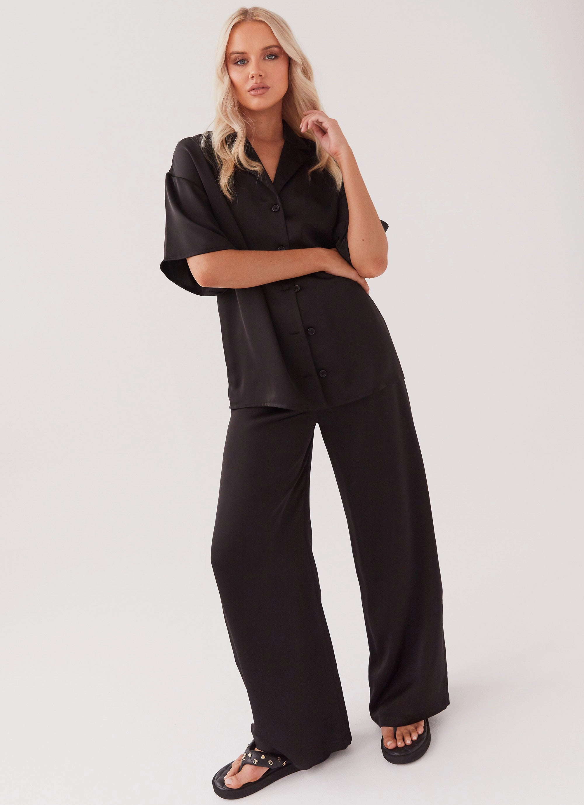 WrinkleFreeFinish Day To Night Palm Cove Satin Pants - Black