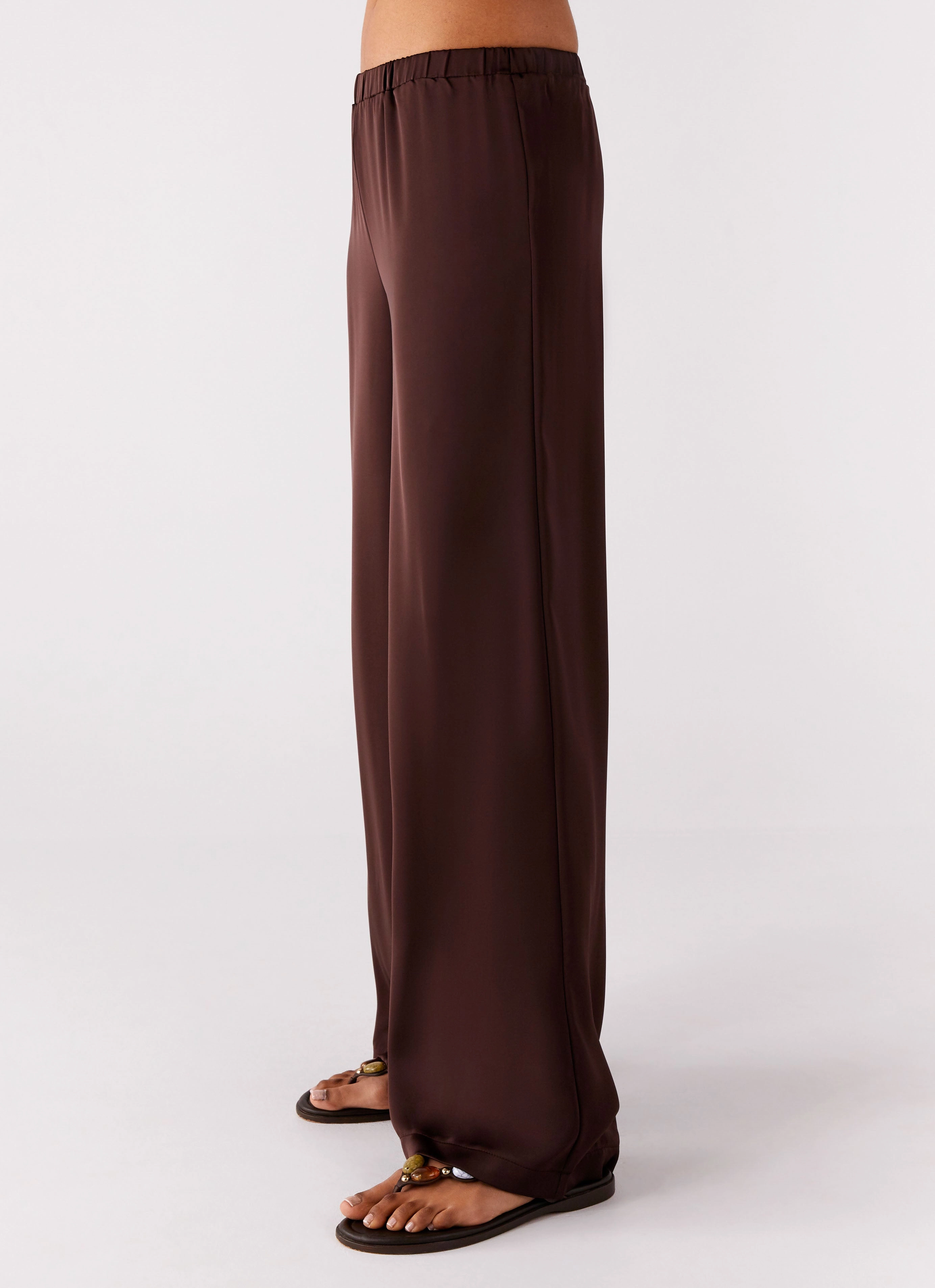 Flexible Material Palm Cove Satin Pants - Chocolate