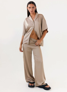 Palm Cove Satin Pants - Mushroom Stylish Cut