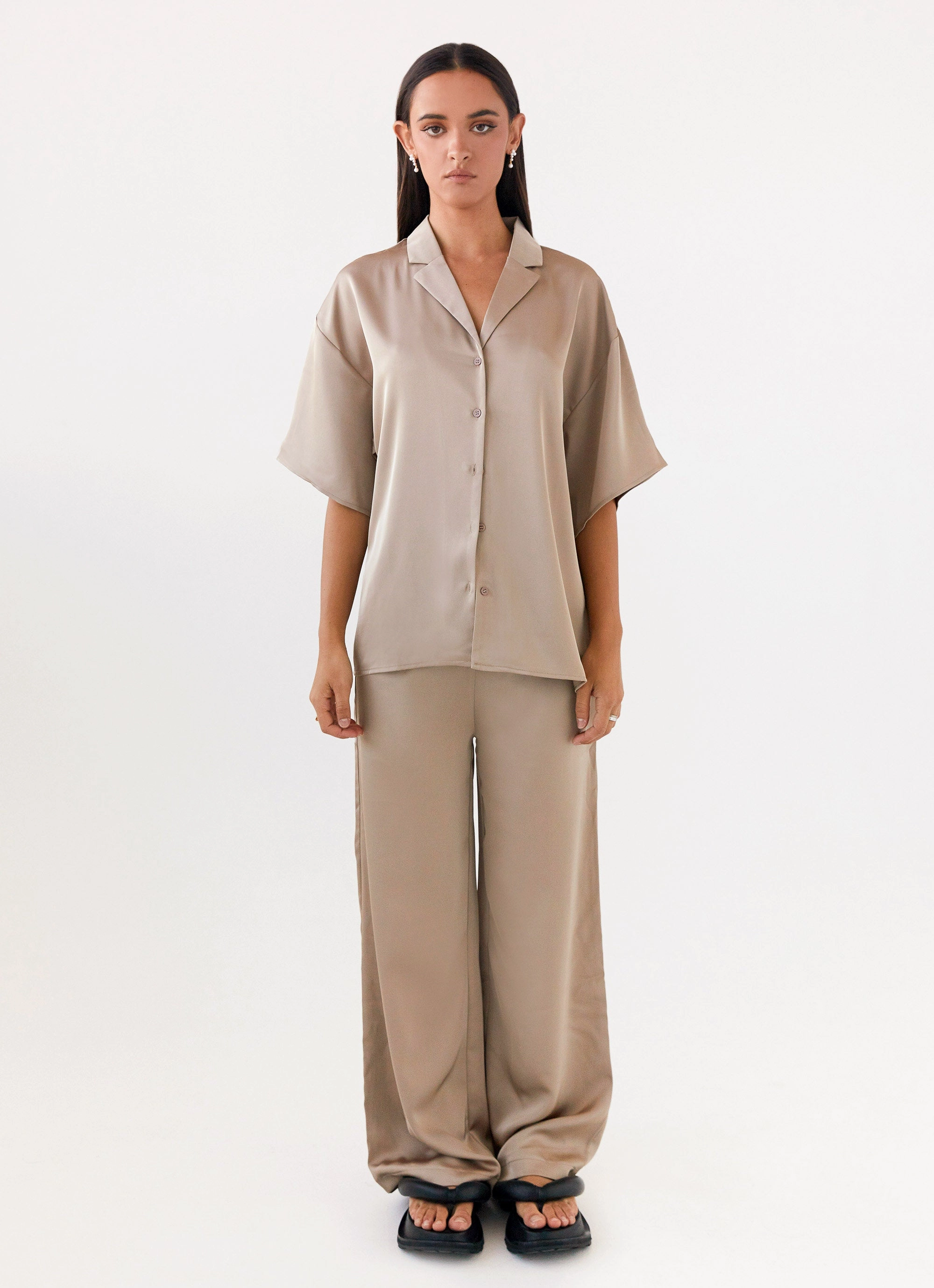 Modern Appeal Layer Ready Palm Cove Satin Pants - Mushroom