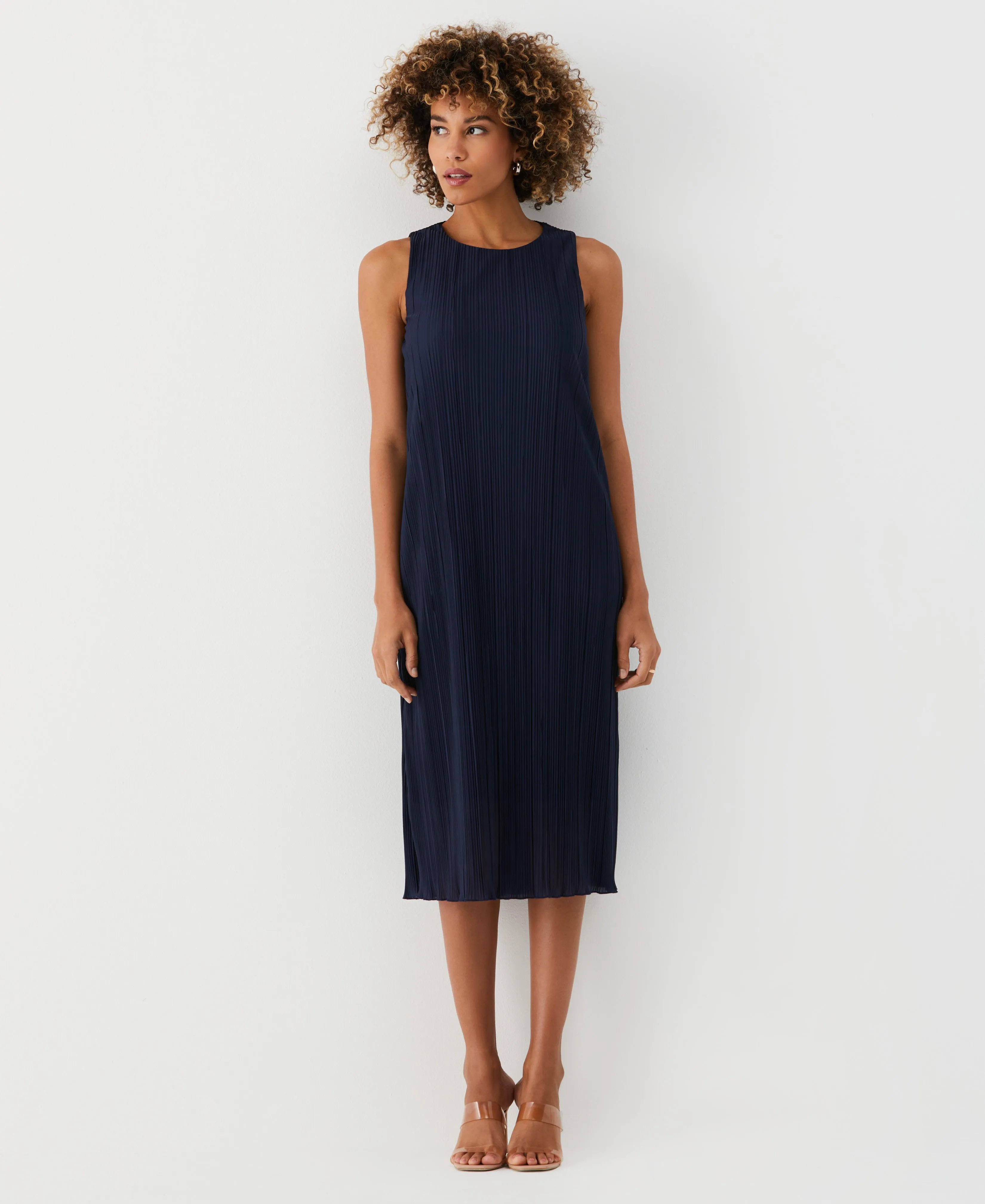 Partially Lined Plisse Midi Dress Work Chic Daytime Look
