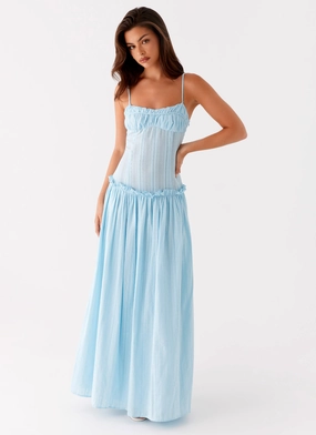 Jacinda Drop Waist Maxi Dress - Blue Gathered Skirt Modern Texture