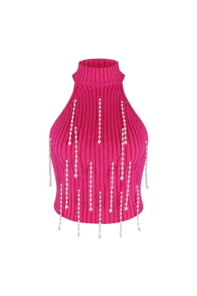 Laser Cut Edges Pearlfect Halter Fuzzy Knit Top