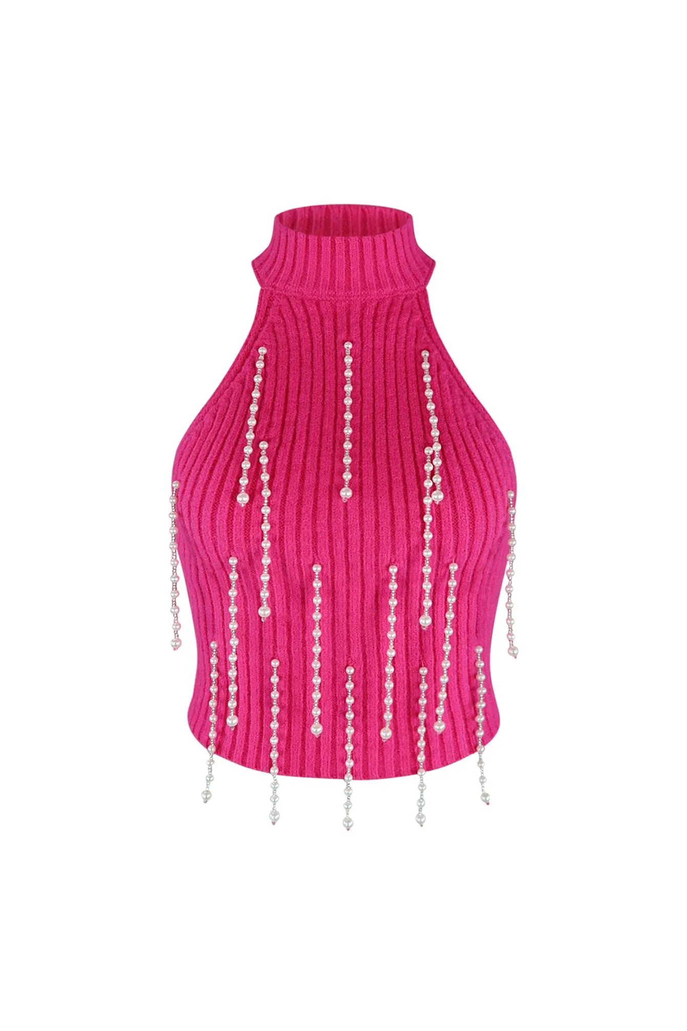 Laser Cut Edges Pearlfect Halter Fuzzy Knit Top