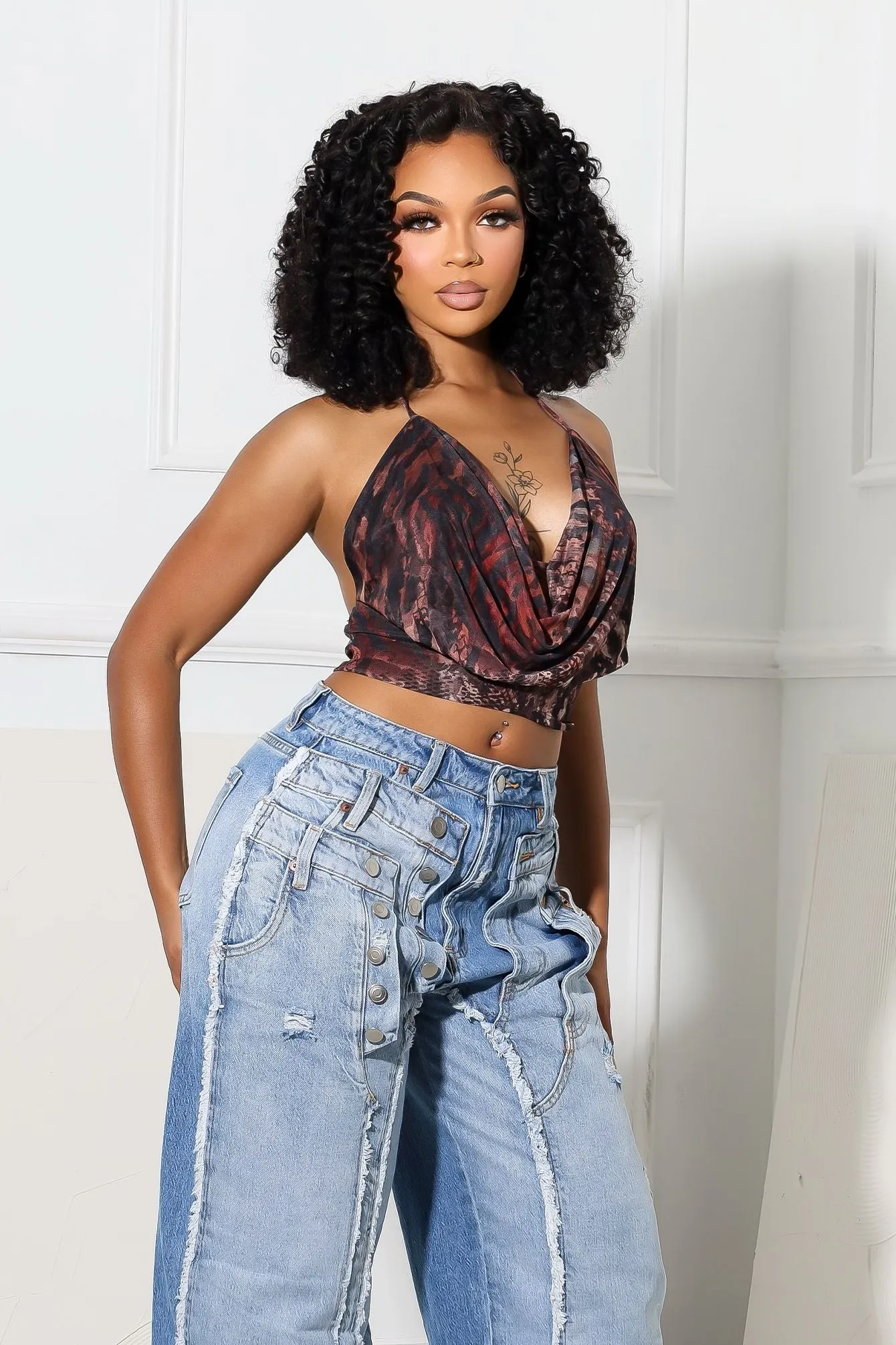 Winter Fashion Formal Shirt Peek Mode Mesh Print Halter Top