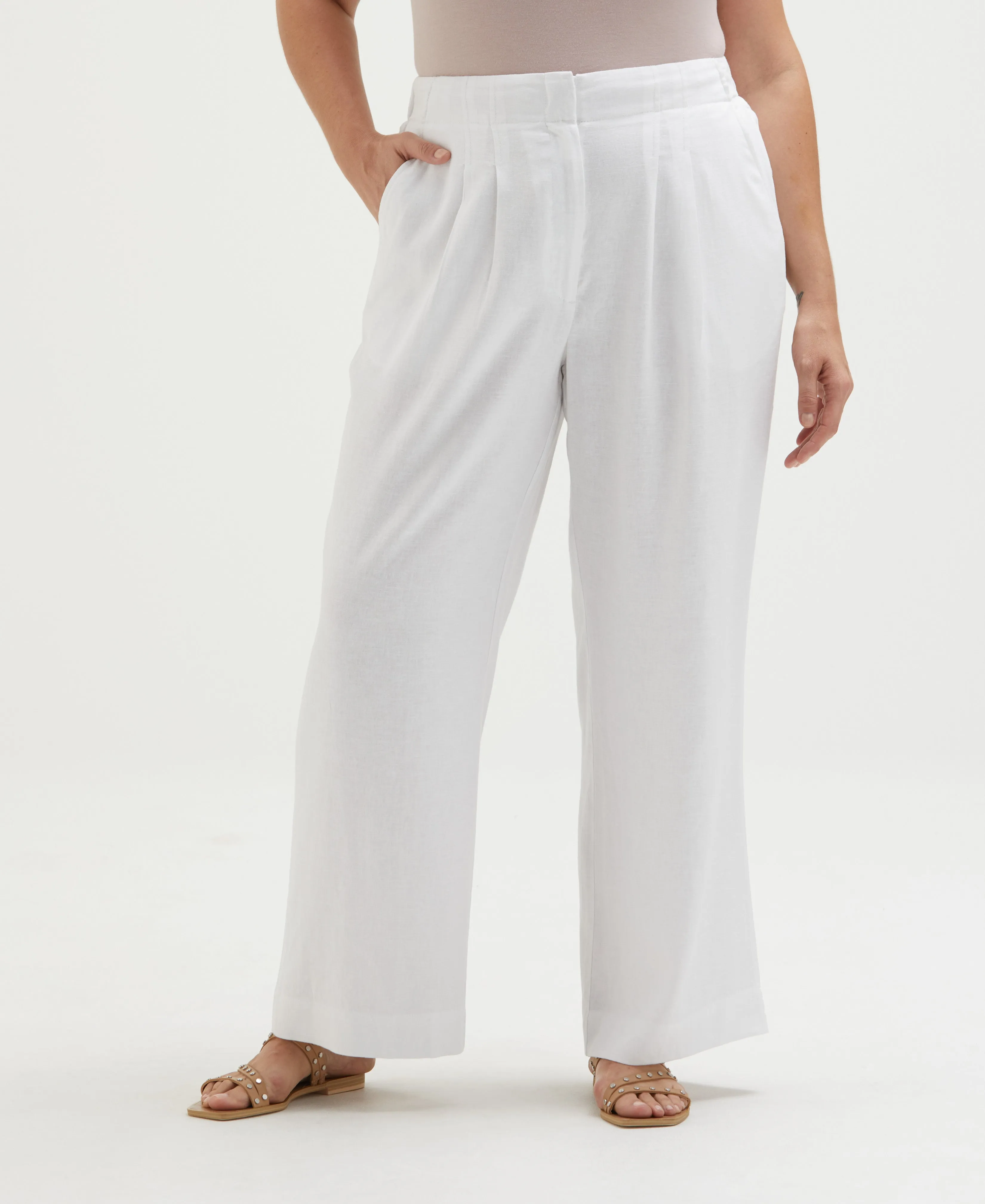 Plus Size Linen Blend Pleated Wide Leg Pant PermeableCloth