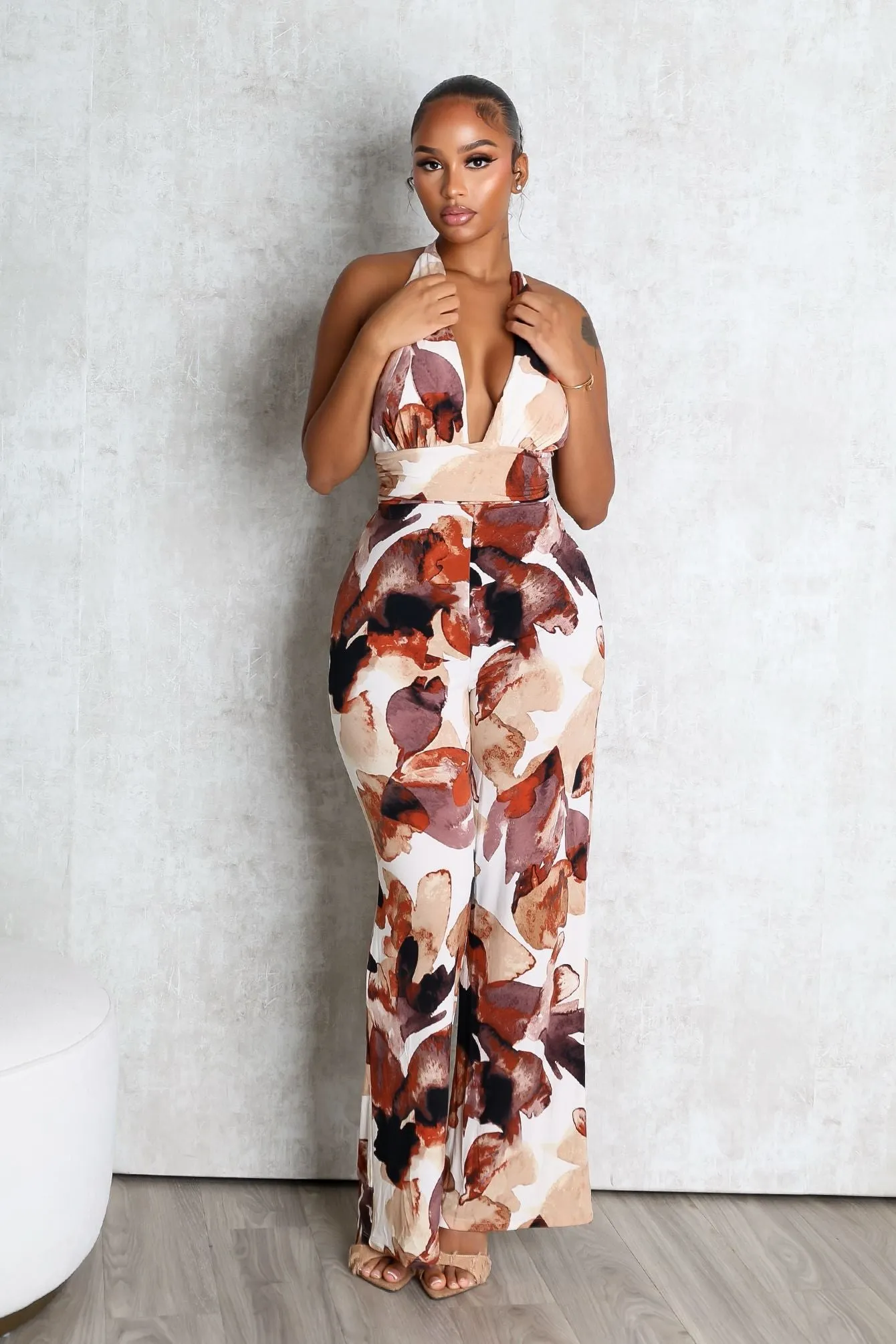 Crimson Leaf Halter Jumpsuit Essential Fit Layered Panel Design