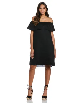 Empire-Waist Textured Look Off-the-Shoulder Ruffle Linen Dress
