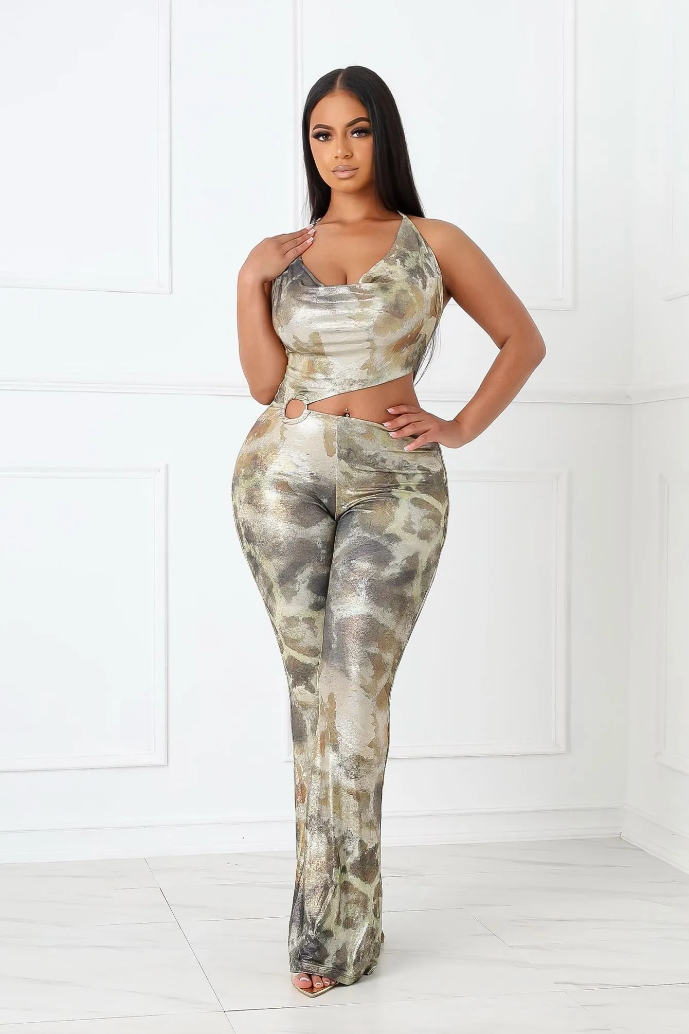 Fashion Layer Shine Cutout Foil Halter Jumpsuit