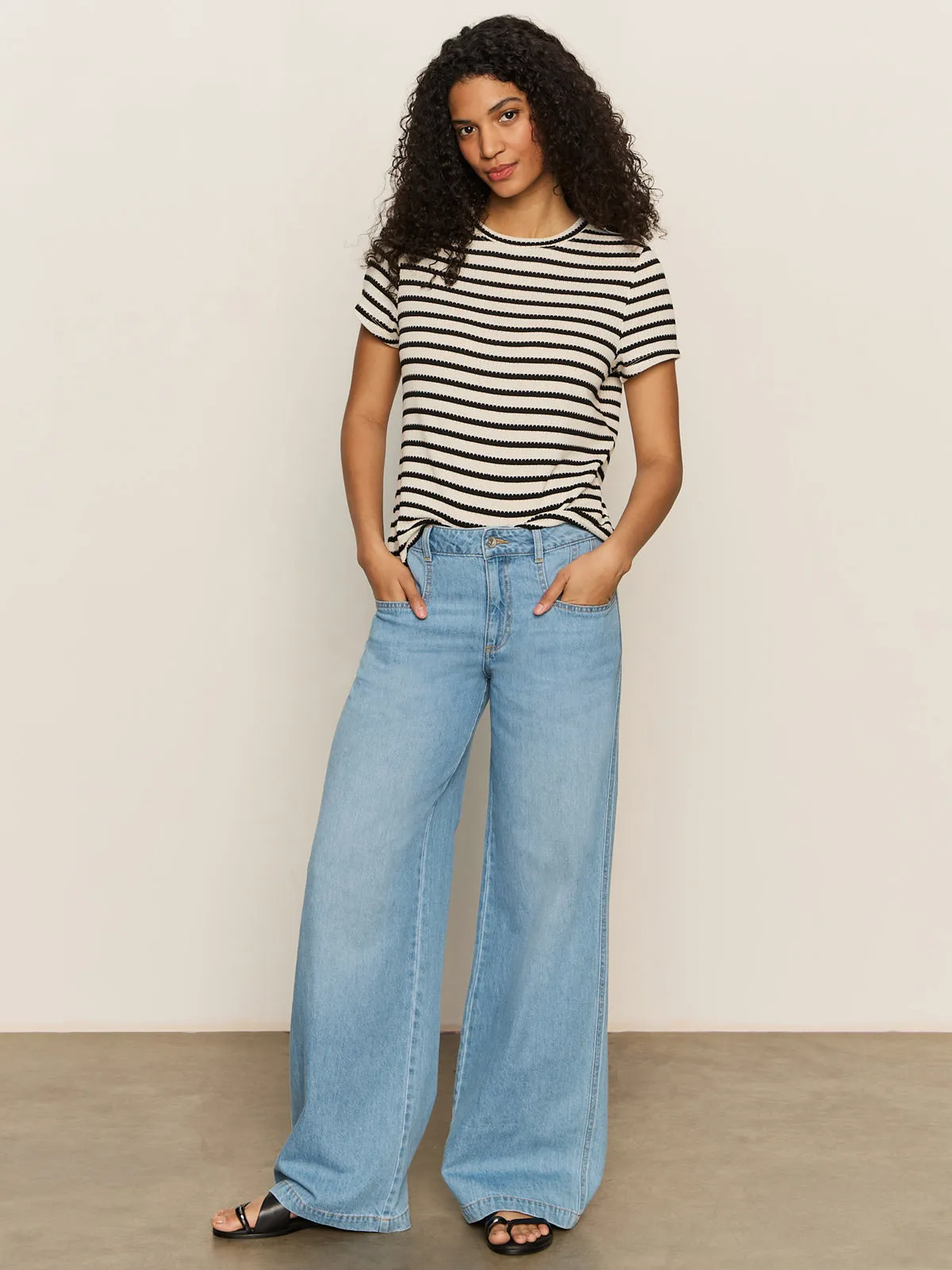 Curved Hemline StretchFit Design Perfect Textured Tee Macrame Black Stripe