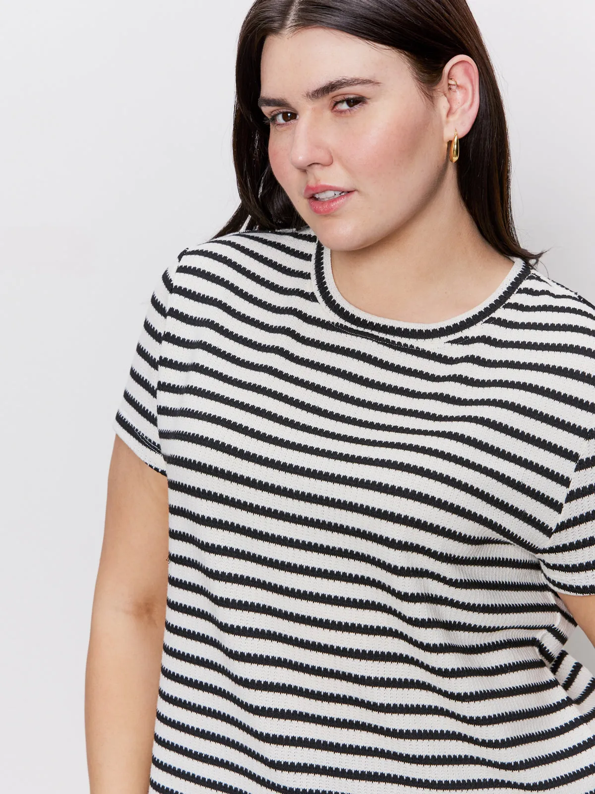 Perfect Textured Tee Macrame Black Stripe Extended Sizing RollUpSleeves Ultraviolet Protection Fabric