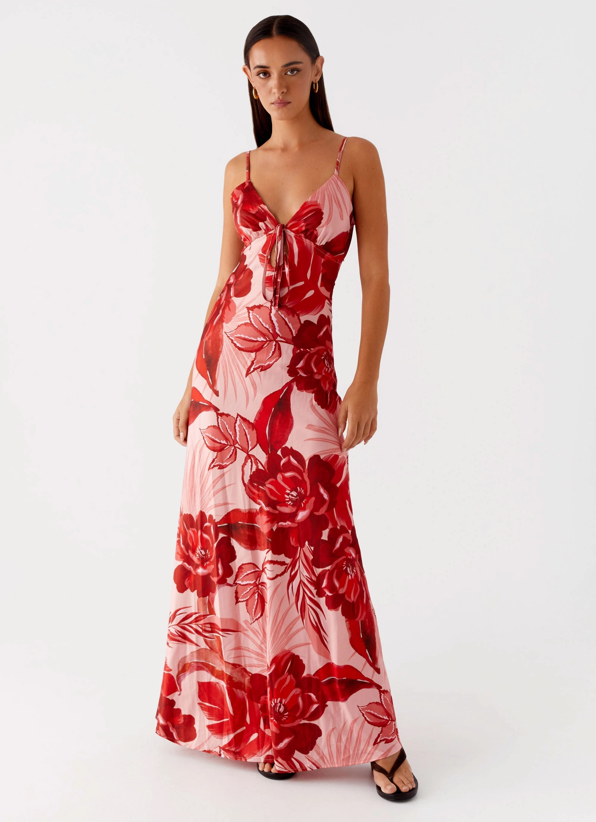 Side Ruching Flora Satin Maxi Dress - Sicily Sunsets Print