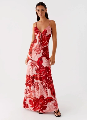Gloss Finish Flora Satin Maxi Dress - Sicily Sunsets Print