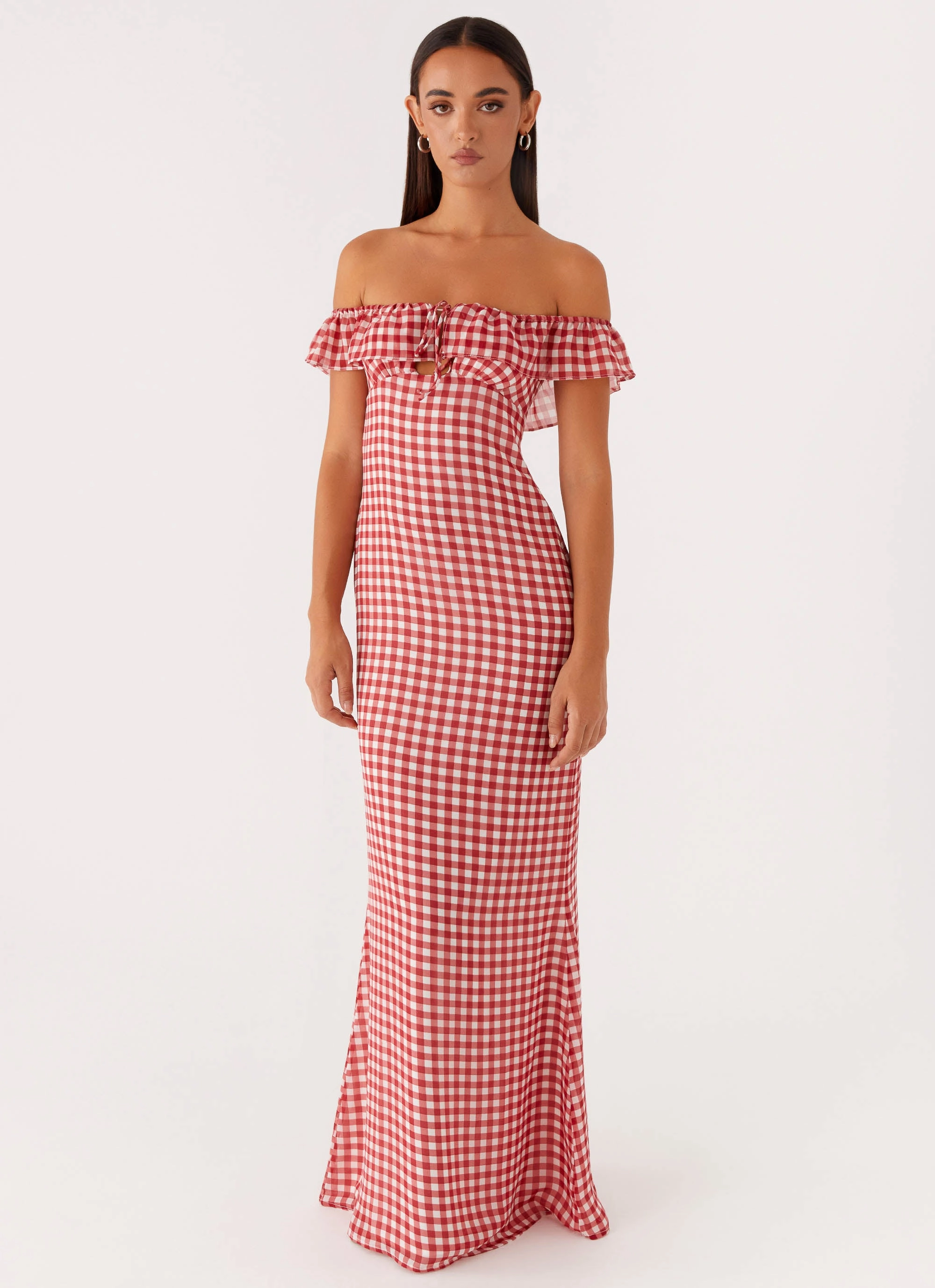 Euro Touch Romantic dinner wear Scarlet Cherry Maxi Dress - Red Gingham
