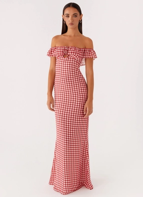 Euro Touch Romantic dinner wear Scarlet Cherry Maxi Dress - Red Gingham