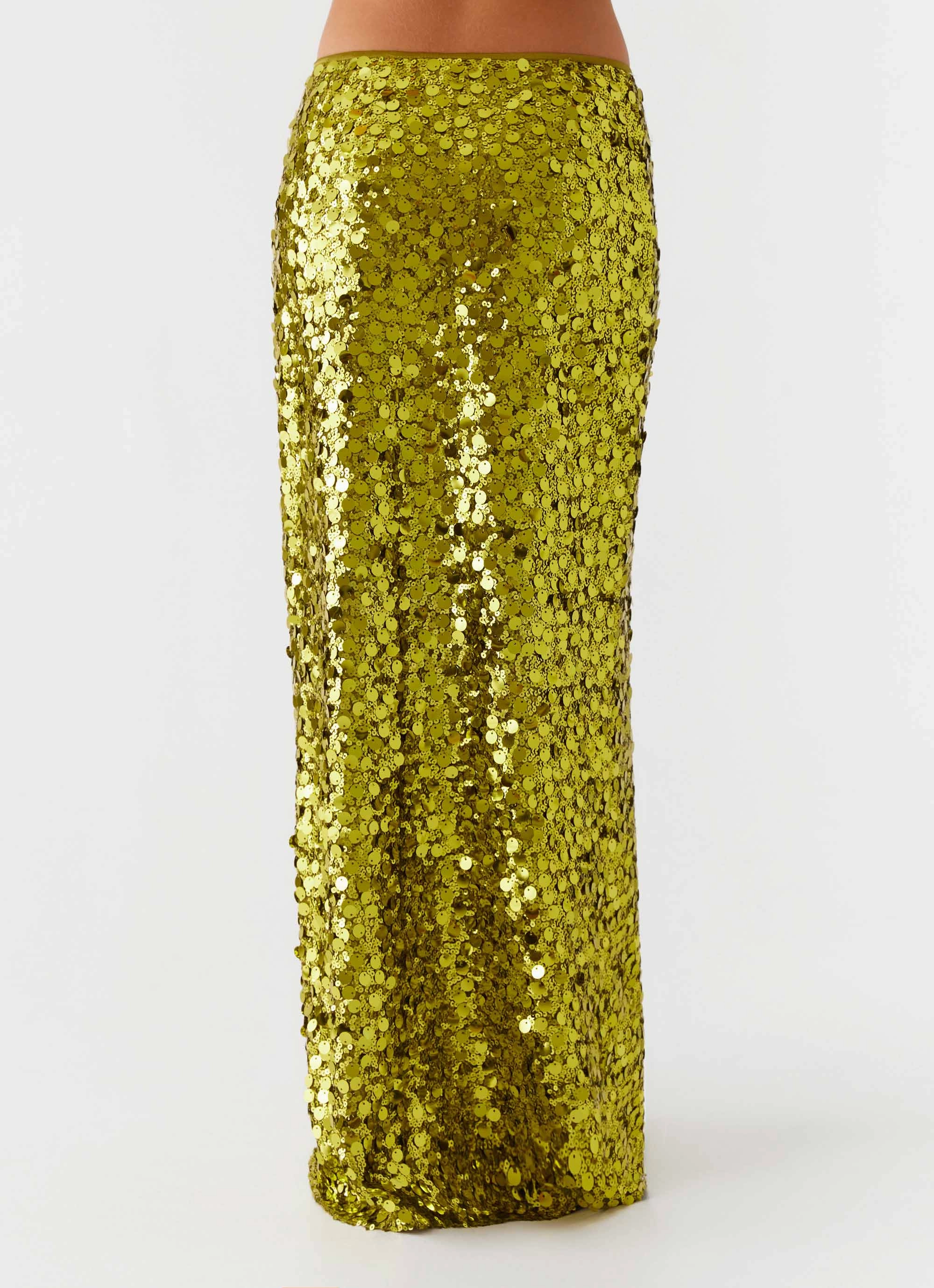 Perfect Places Low Rise Sequin Maxi Skirt - Olive Minimal Design Mix Texture