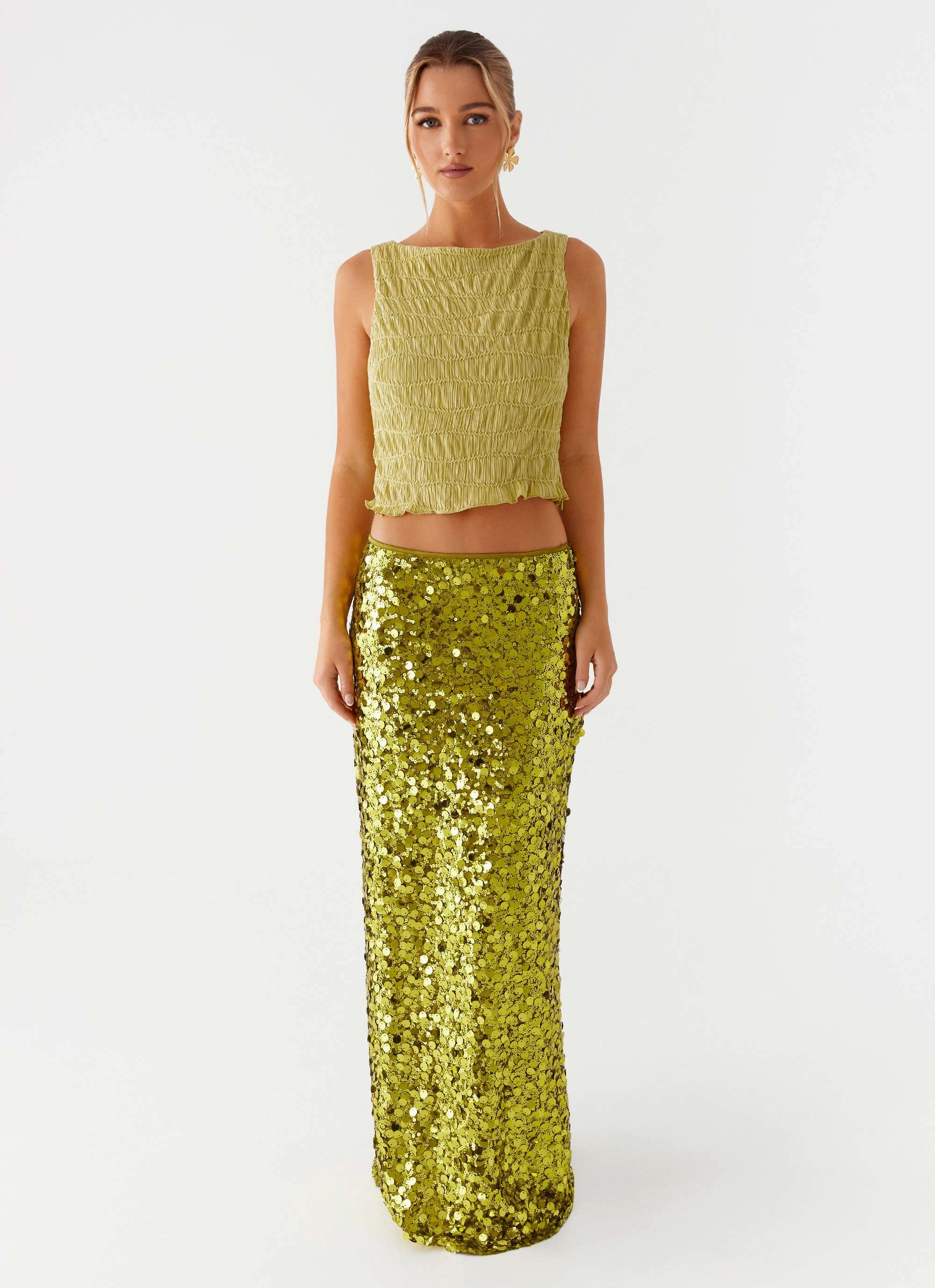 Perfect Places Low Rise Sequin Maxi Skirt - Olive Abrasion resistant Street Look