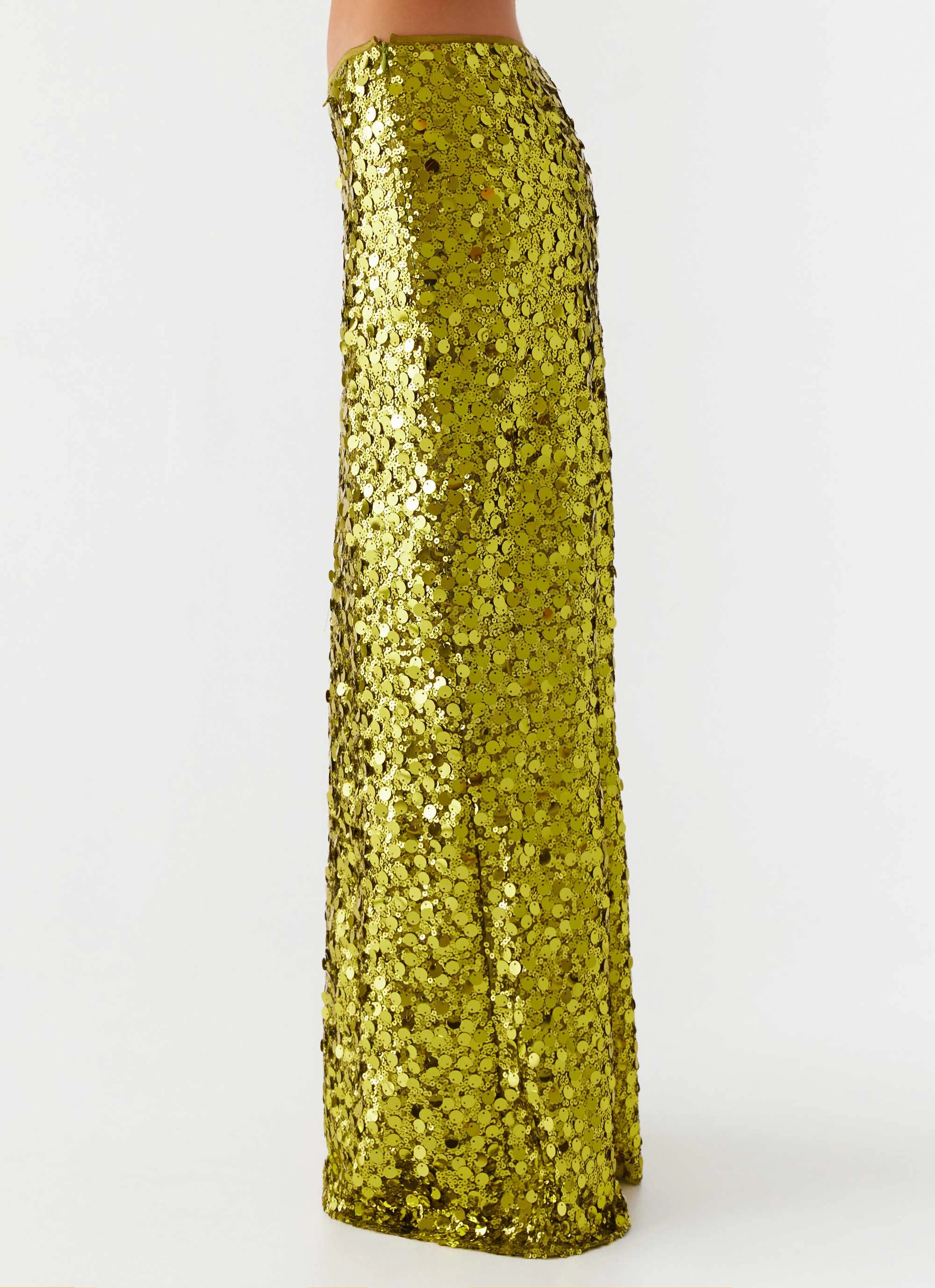 Perfect Places Low Rise Sequin Maxi Skirt - Olive Texture Play