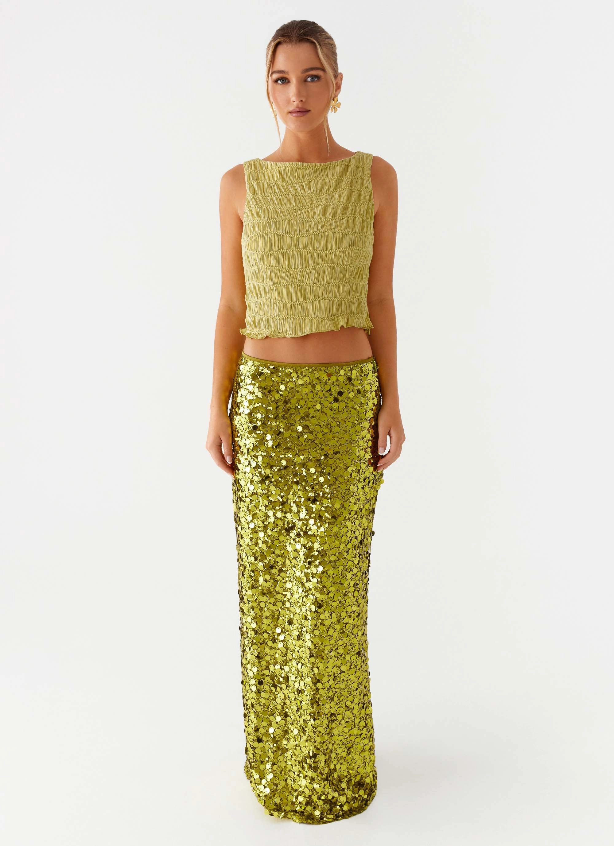 Perfect Places Low Rise Sequin Maxi Skirt - Olive Non Restrictive Fit