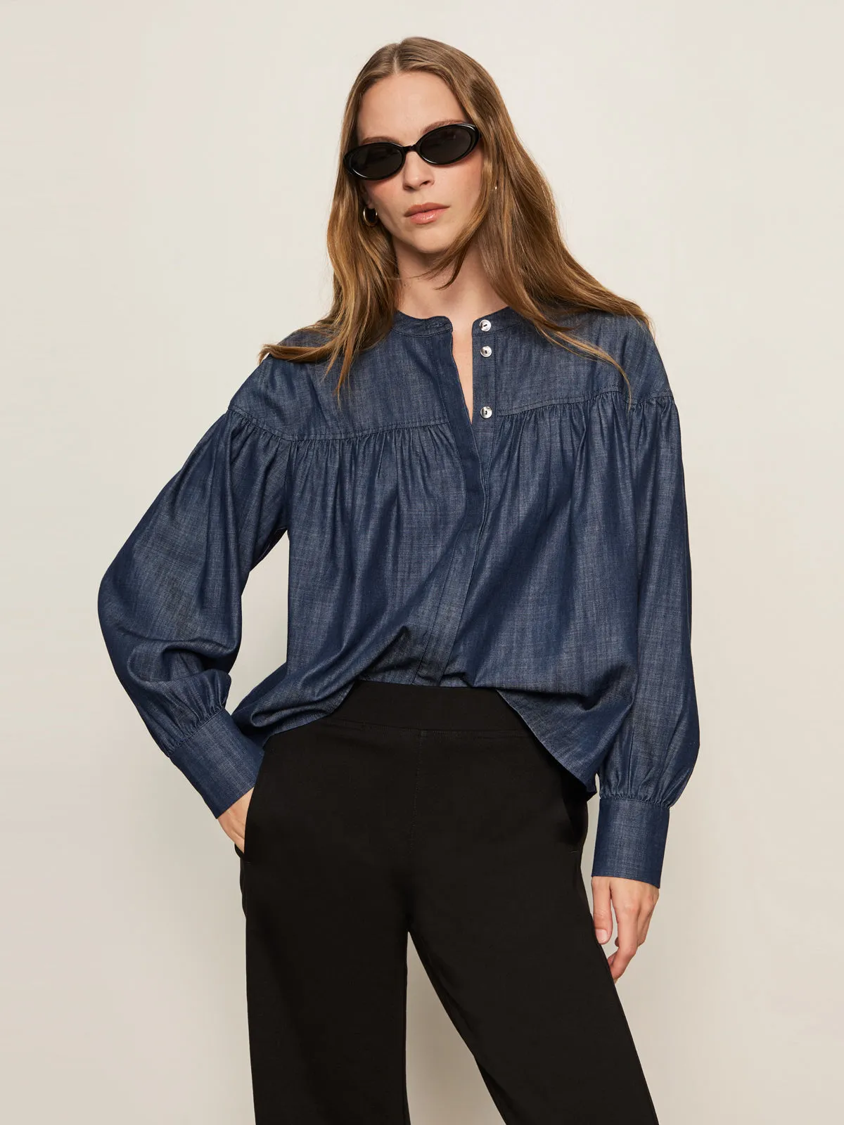 Variable Tension Adjustment Placket Detailing Personal Best Blouse Moonshadow