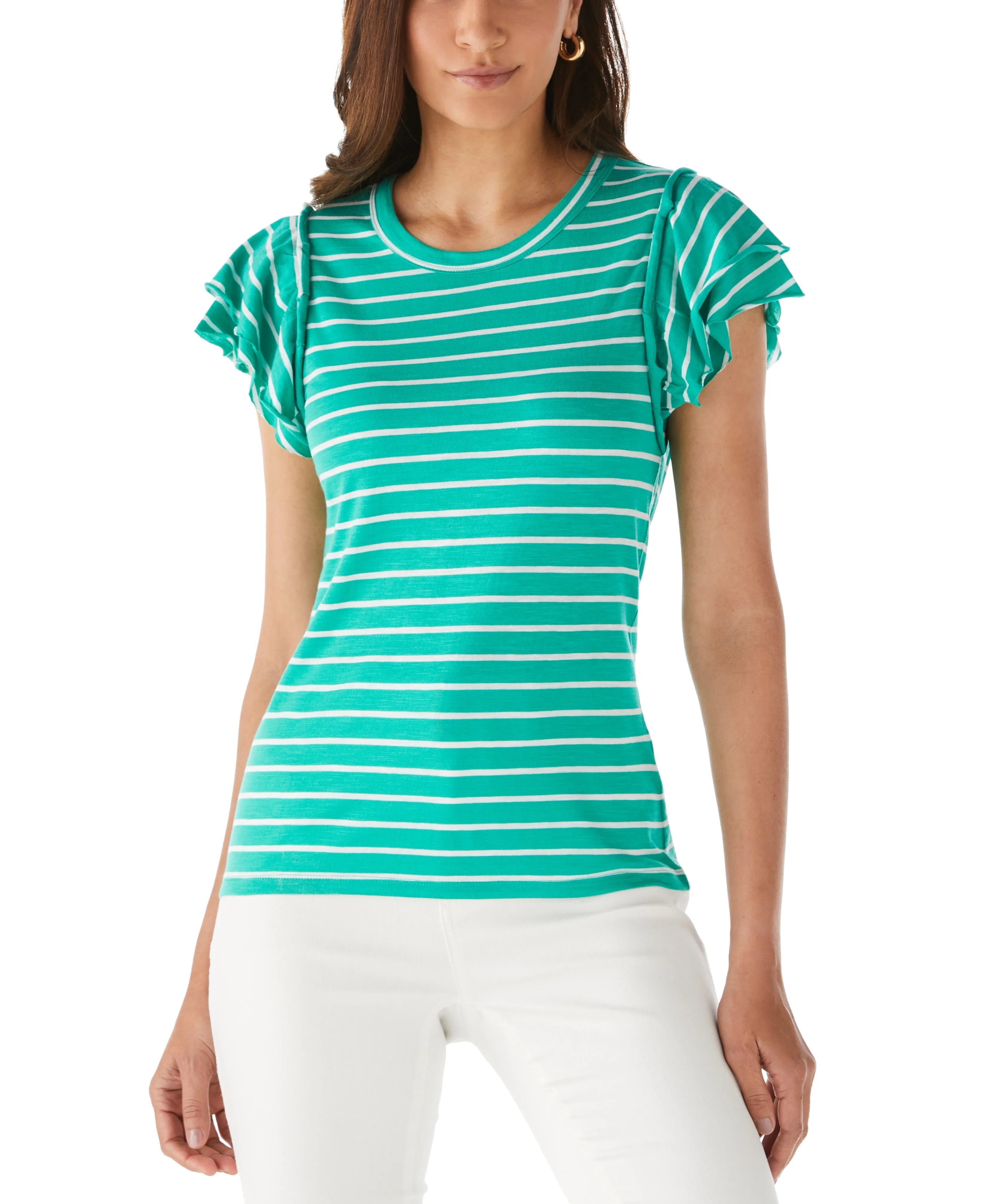 BrushedInnerSurface Oversized Fit Petite Stripe Ruffle Sleeve Tee