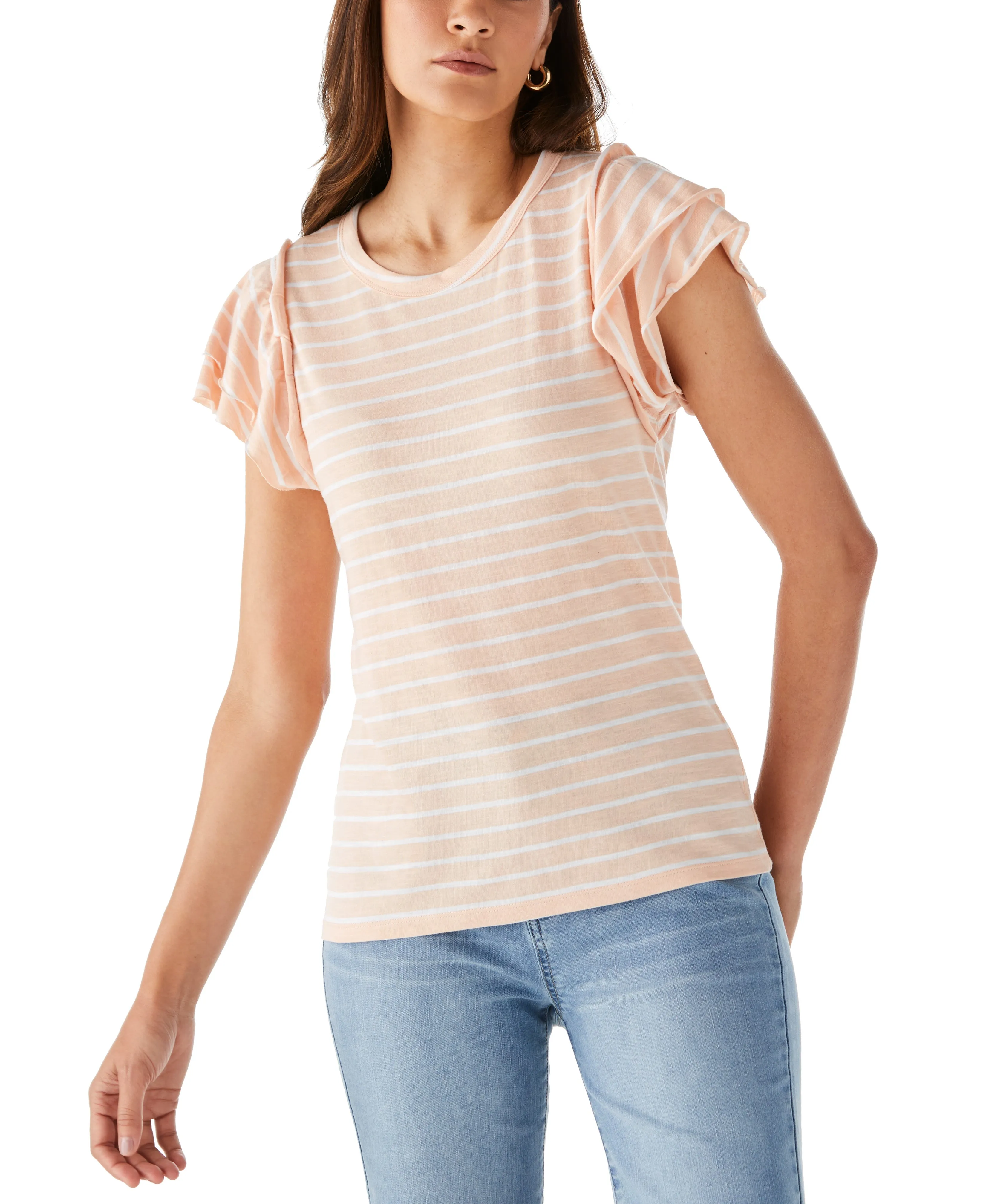 Odor Resistant Technology Temperature control Petite Stripe Ruffle Sleeve Tee