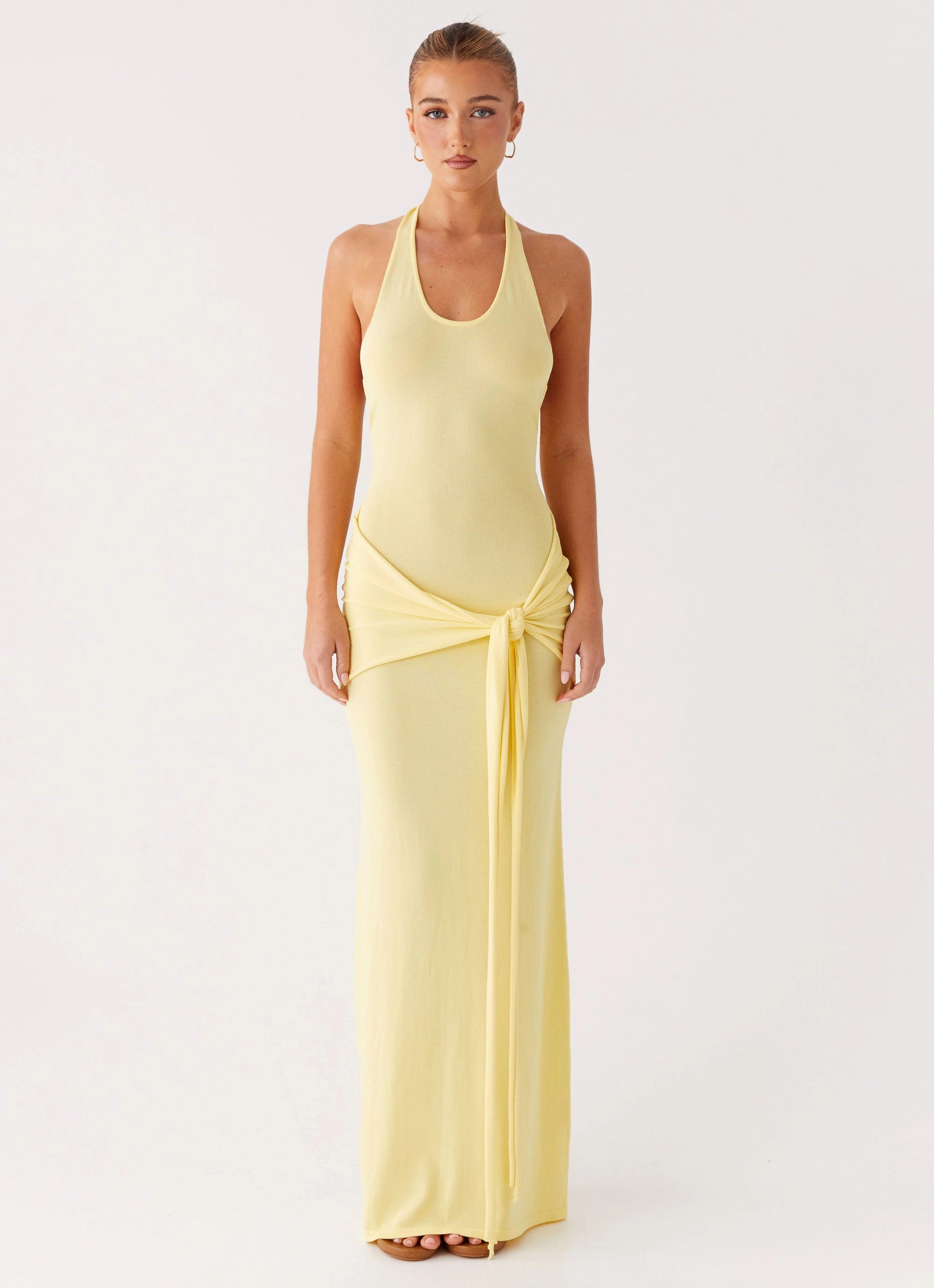 Pina Colada Knit Maxi Dress - Yellow Satin Fabric