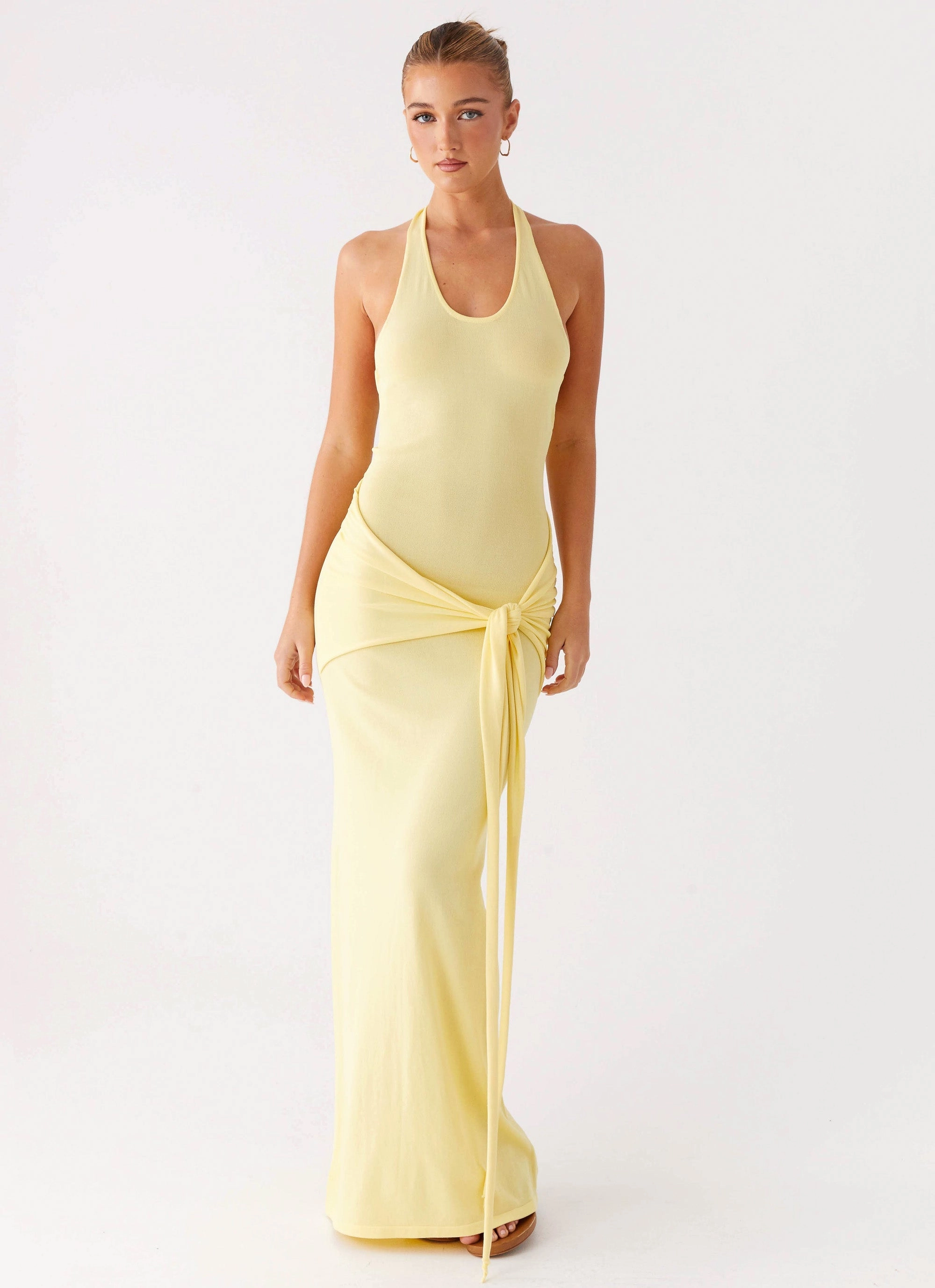 Wrap-Style Mid Season Pina Colada Knit Maxi Dress - Yellow