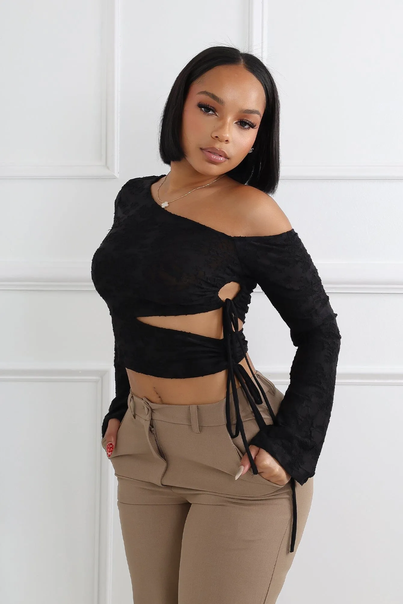 Chic Cardigan Eco Friendly Material Chloe Burnout Mesh Cutout Top