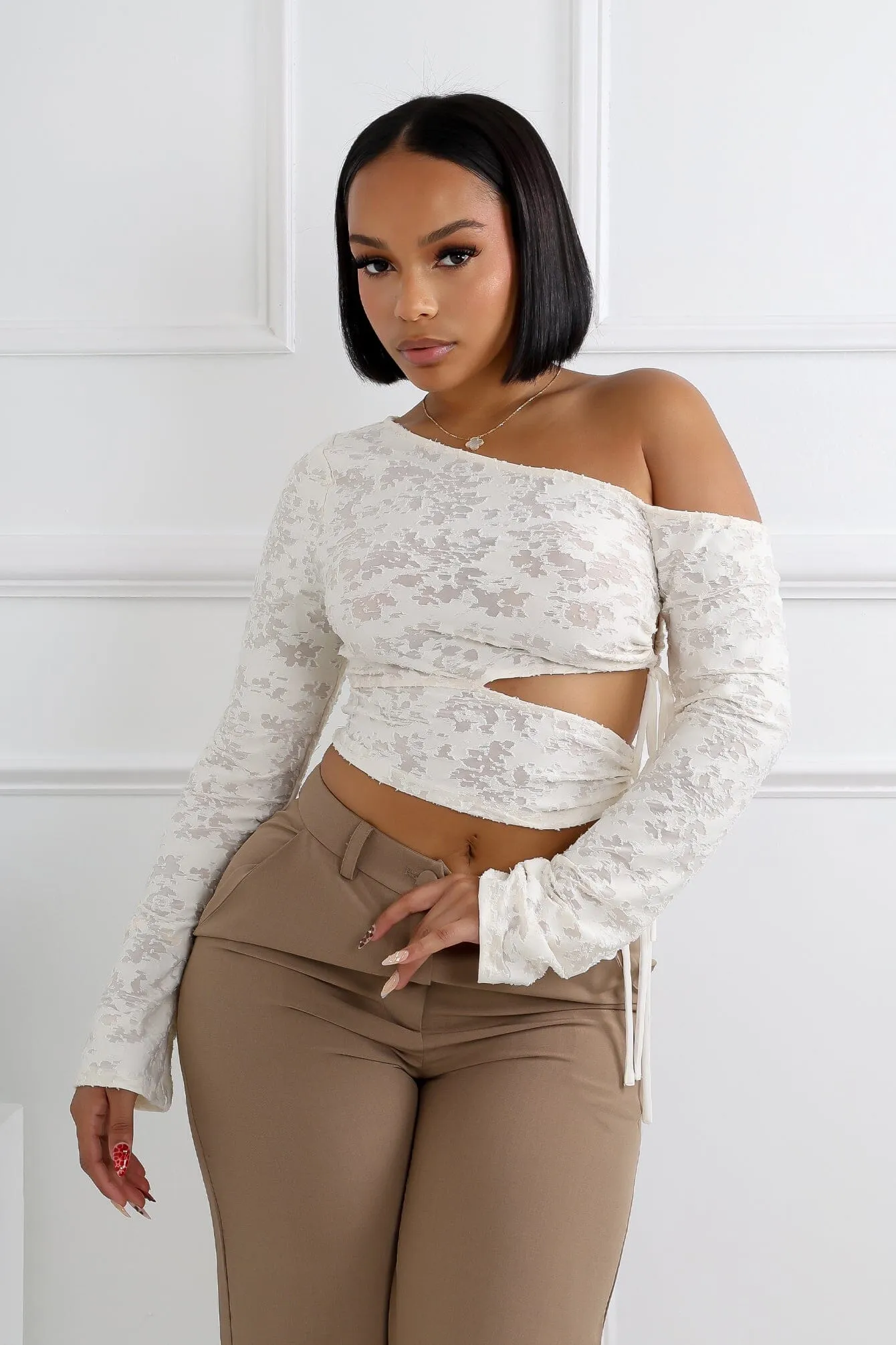 Chloe Burnout Mesh Cutout Top Reflective details LayeredCuff