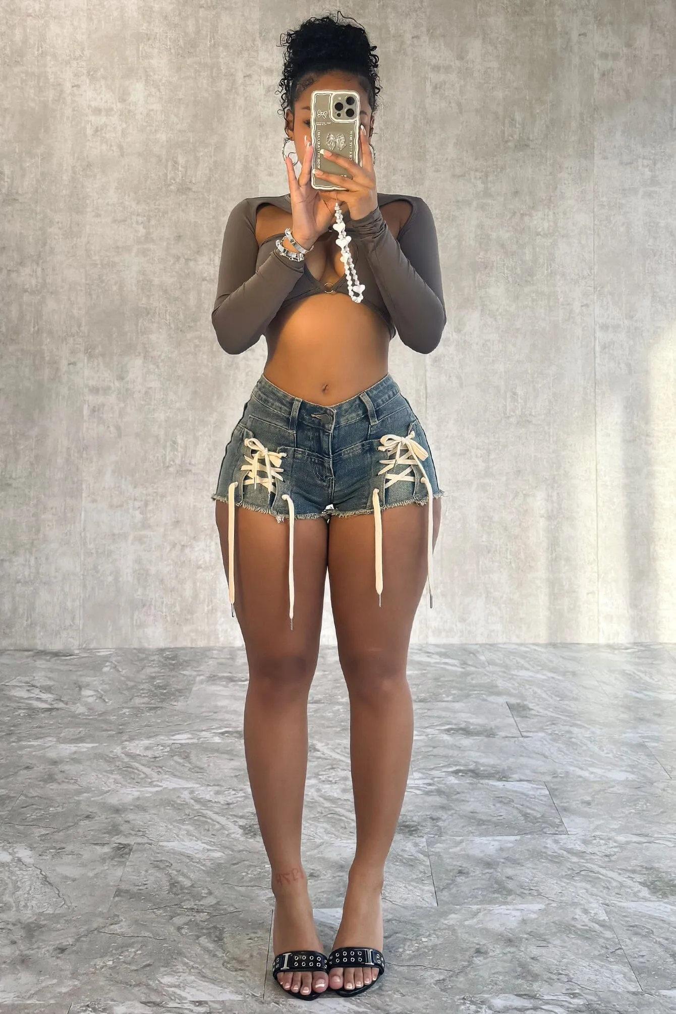 Play It Lace Up Denim Jean Shorts Office Appropriate Relaxed Design