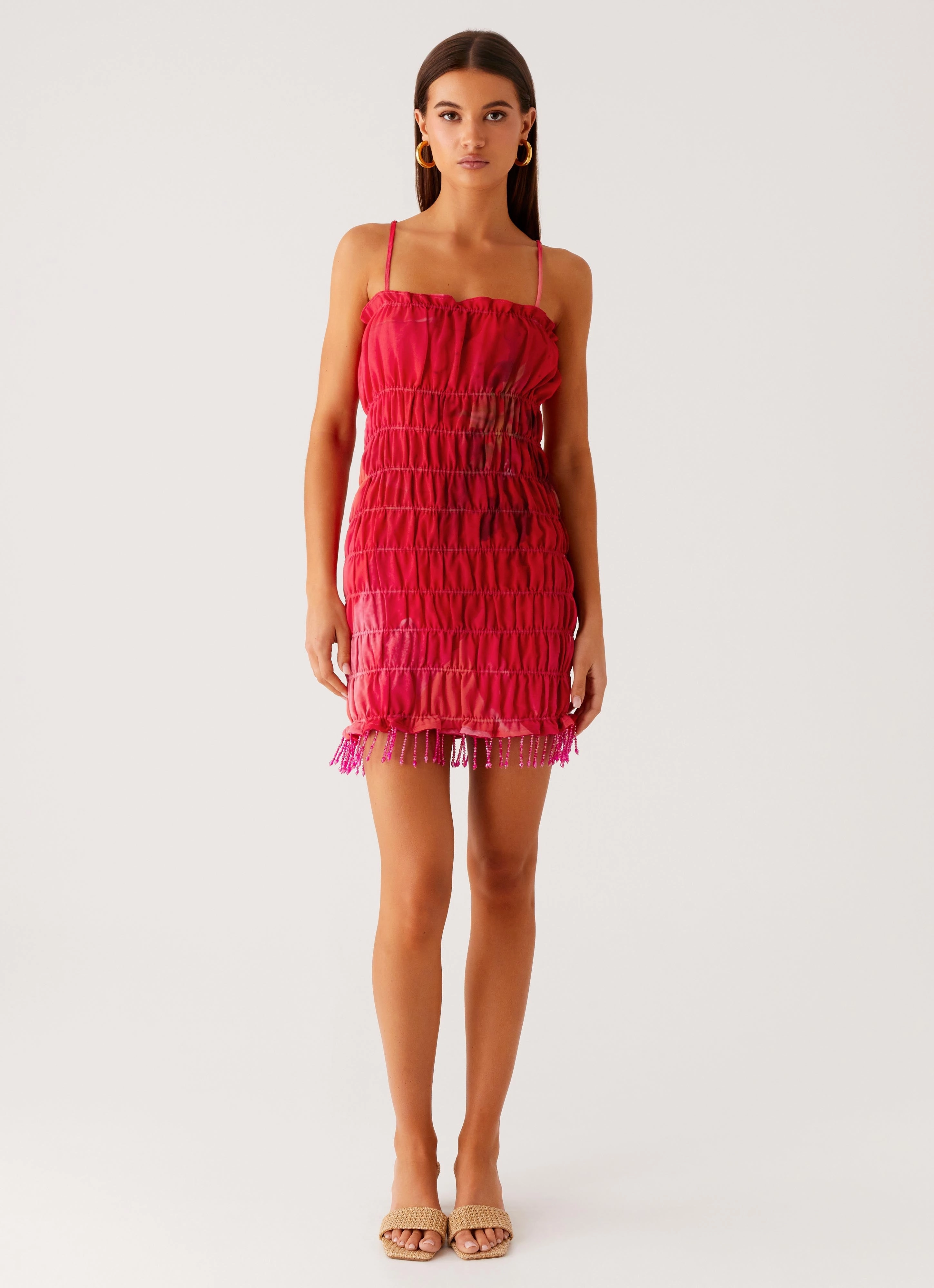 Crisp Finish Drawstring closure Refresh Me Chiffon Mini Dress - Peach Watermelon Flower