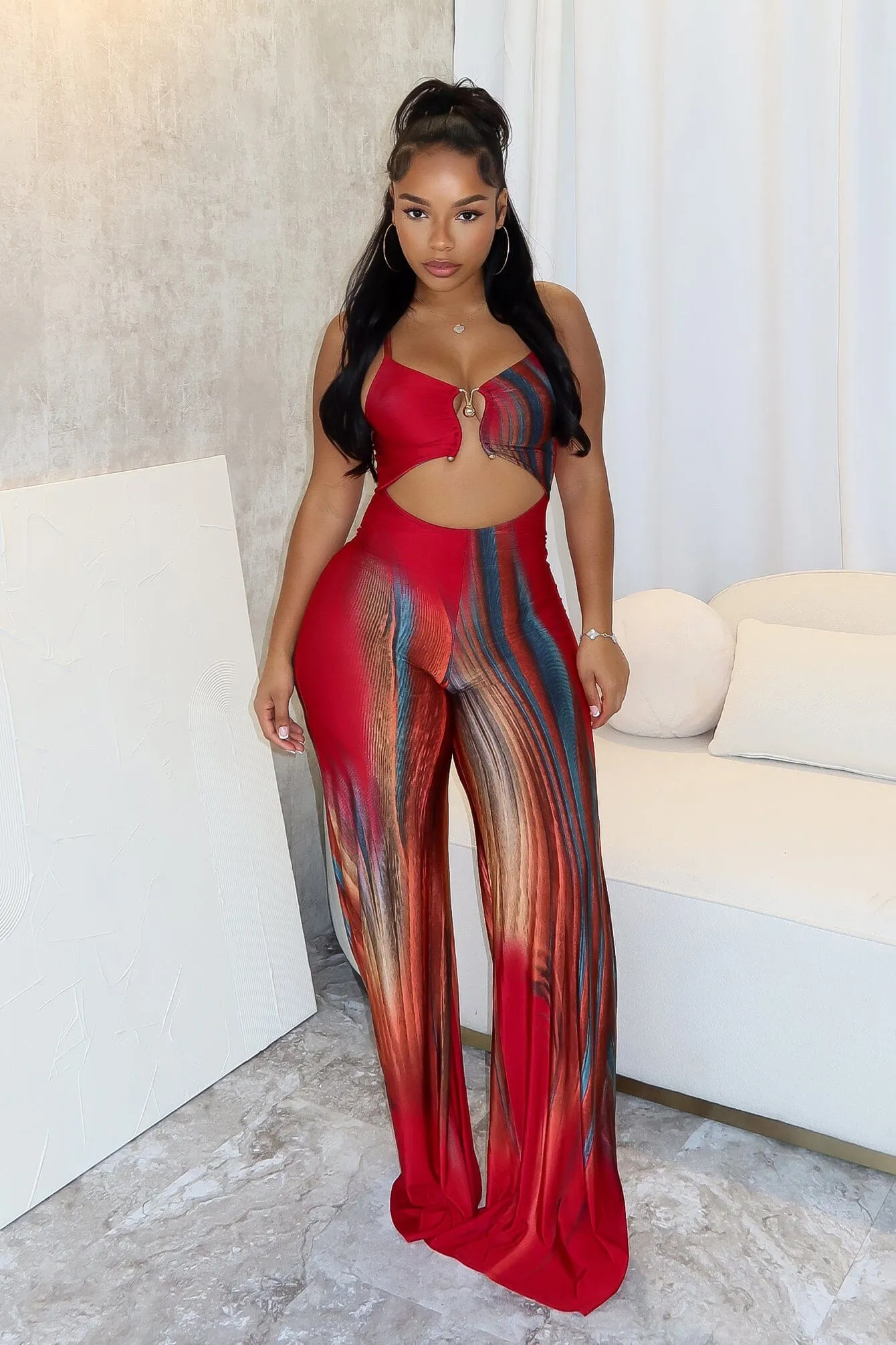 Playing Me Print Cami Jumpsuit Mesh Lined