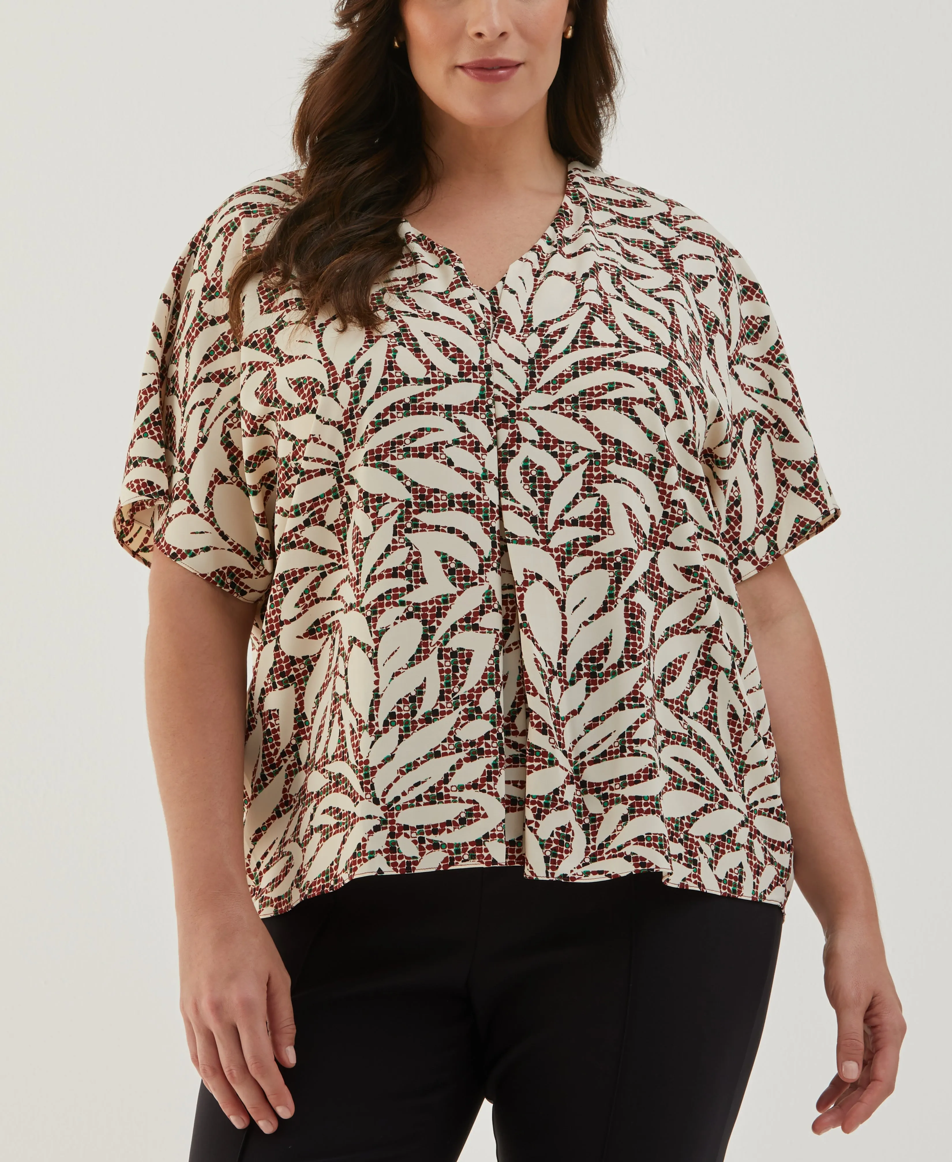 Trendy Look Ventilated Mesh Panels Plus Size Beach Geo Print Layered Dolman Sleeve Blouse