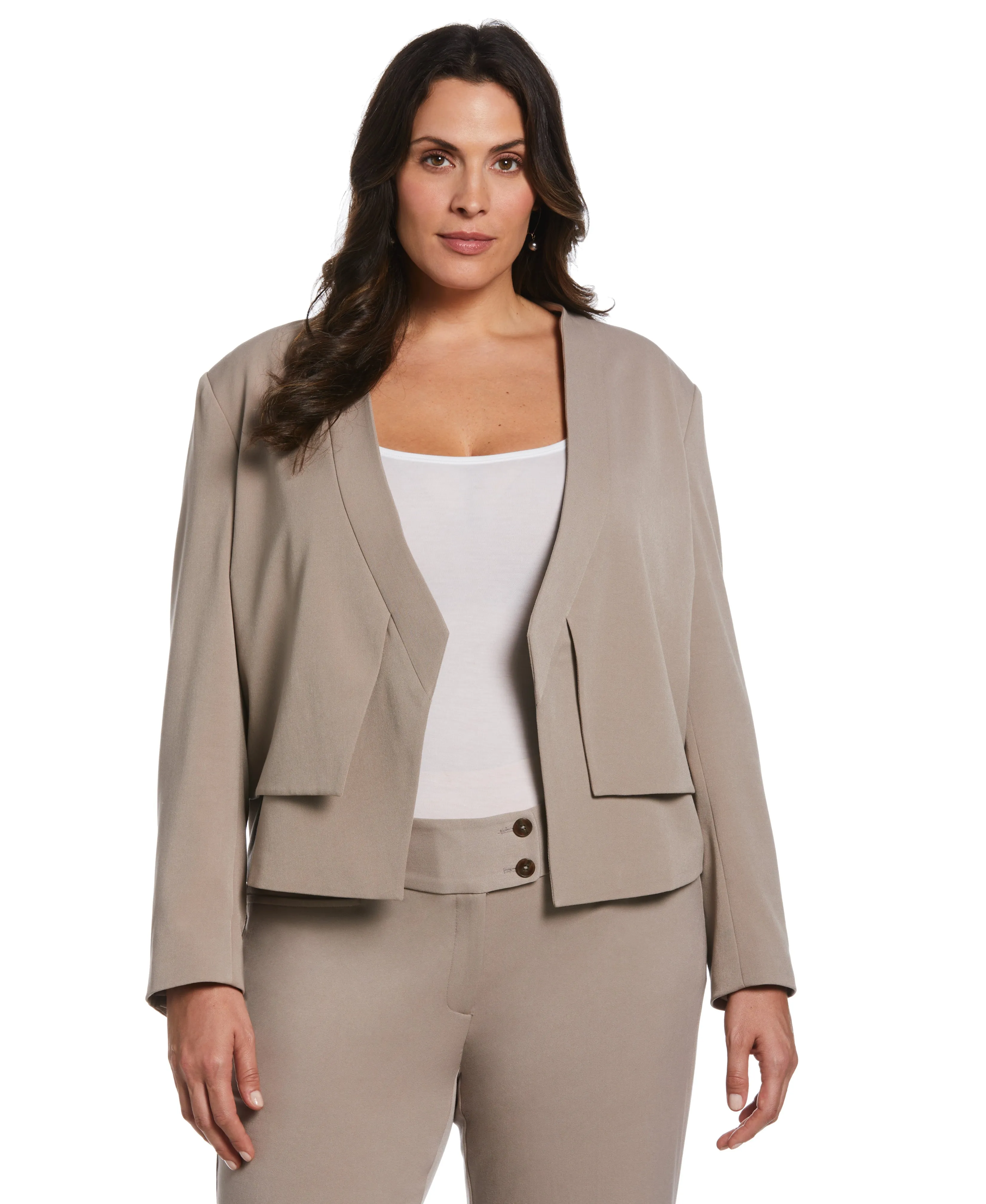 desert suitable for land sports Plus Size Cropped Angled Open Blazer