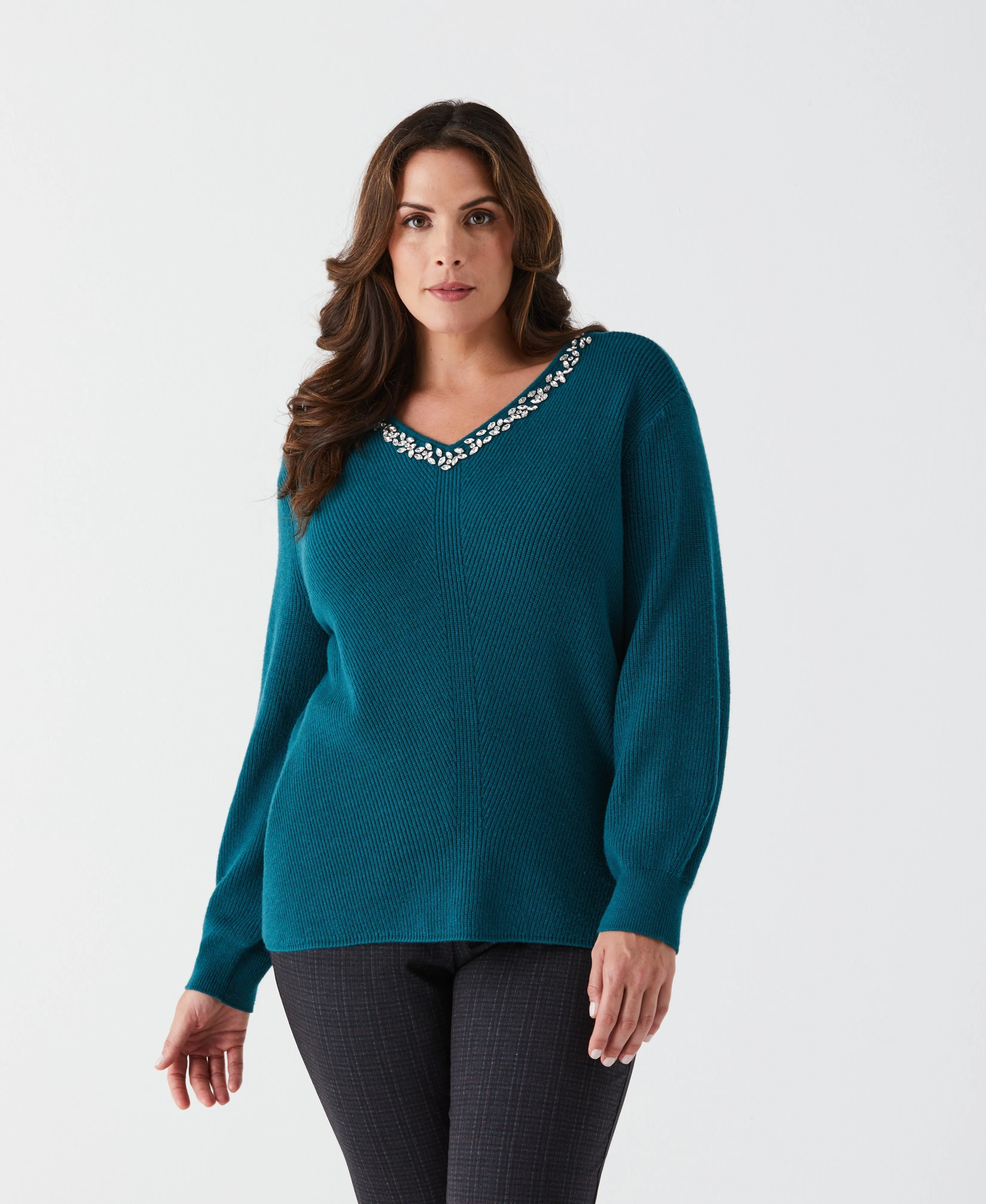 Eco Friendly Material Double Layered Collars Plus Size Embellished V-Neck Sweater