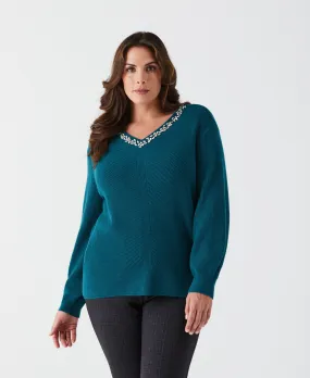 Eco Friendly Material Double Layered Collars Plus Size Embellished V-Neck Sweater